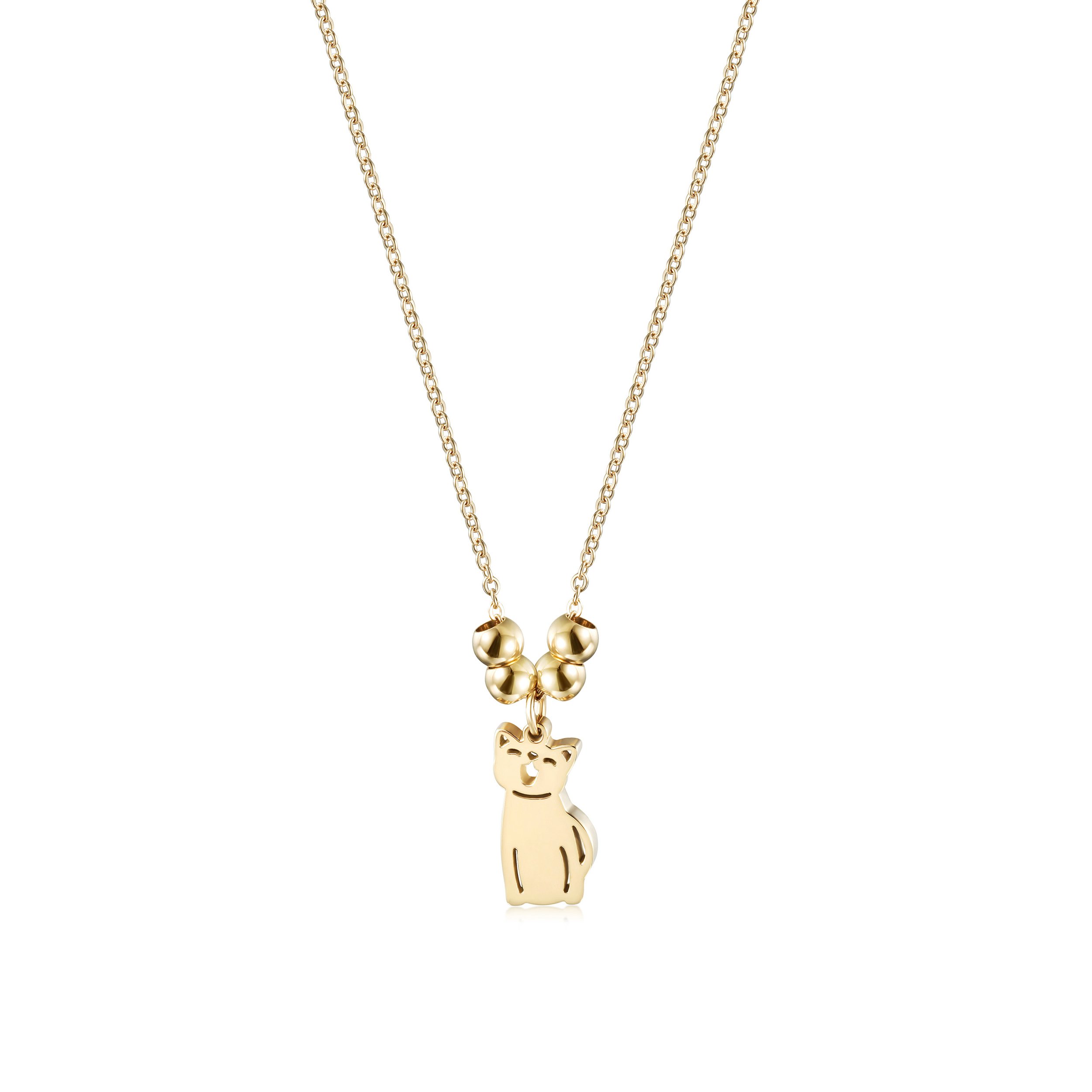 A beautiful Cat Charm Necklace made of surgical stainless steel with 14K gold plating, featuring a charming cat pendant.