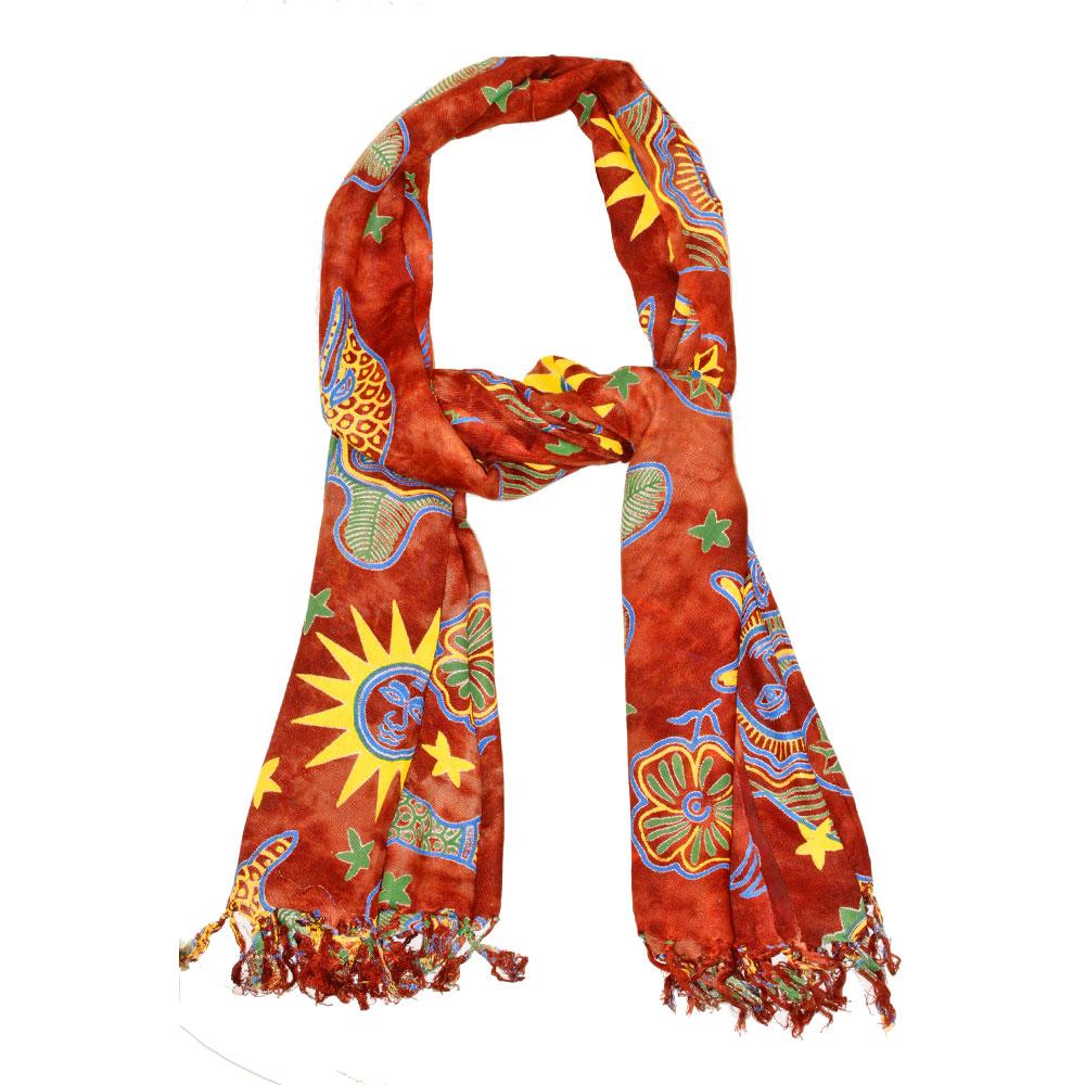 Celestial Artwork Bohemian Seashell Tassel Scarf featuring intricate celestial and seashell designs in soft cotton and viscose fabric.