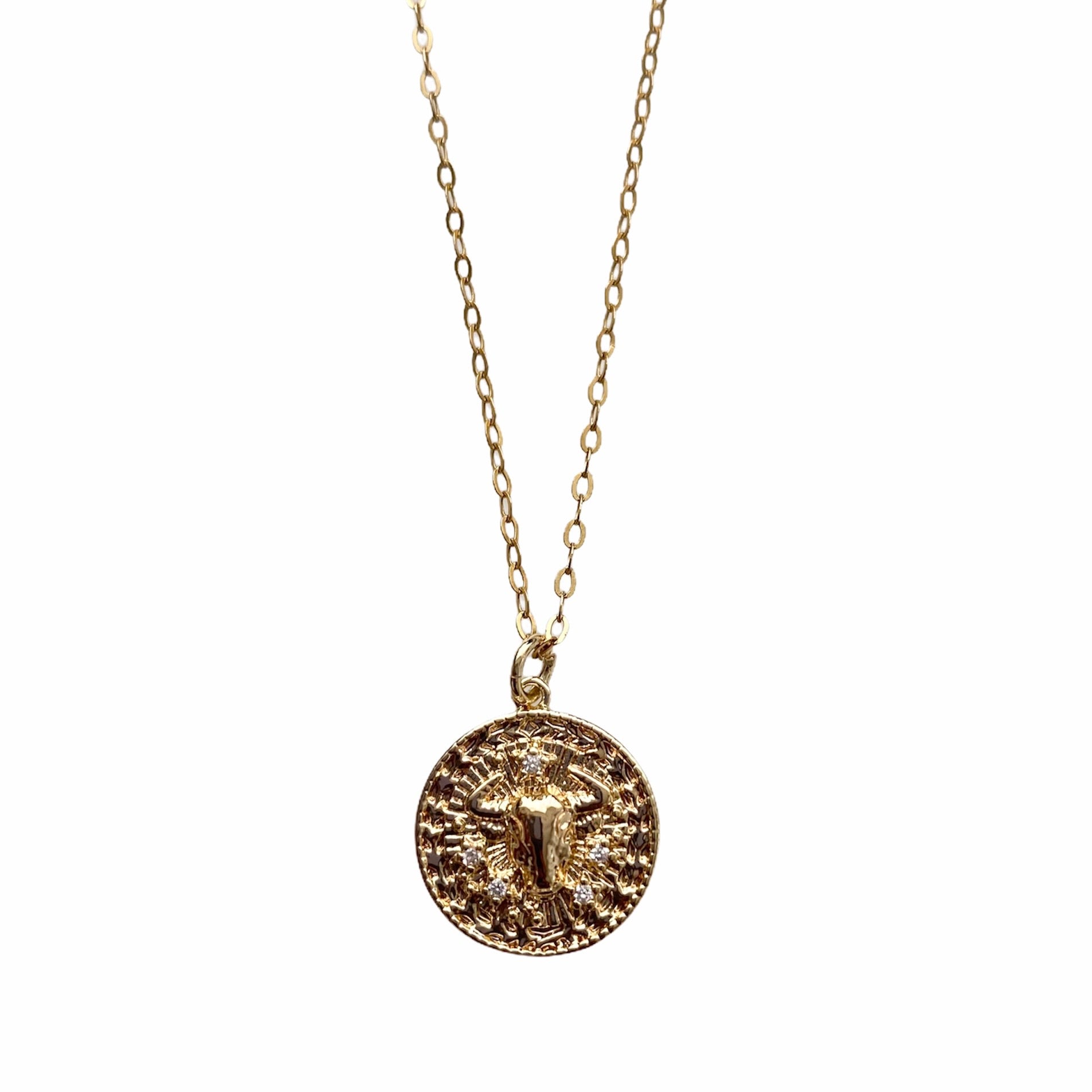 Celestial Vibes Zodiac Necklace featuring a 14K gold filled chain and zirconia encrusted pendant, elegantly displayed.