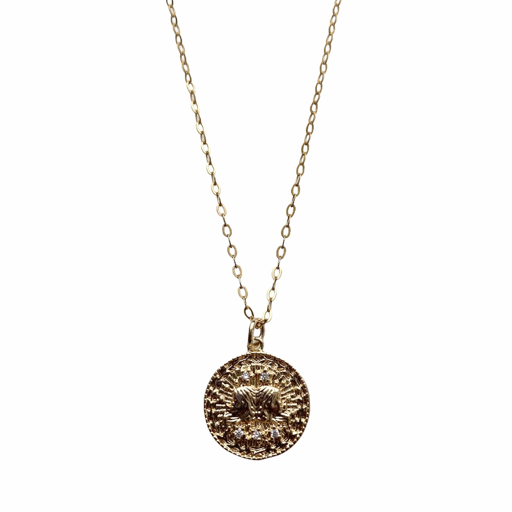 Celestial Vibes Zodiac Necklace featuring a 14K gold filled chain and zirconia encrusted pendant, elegantly displayed.