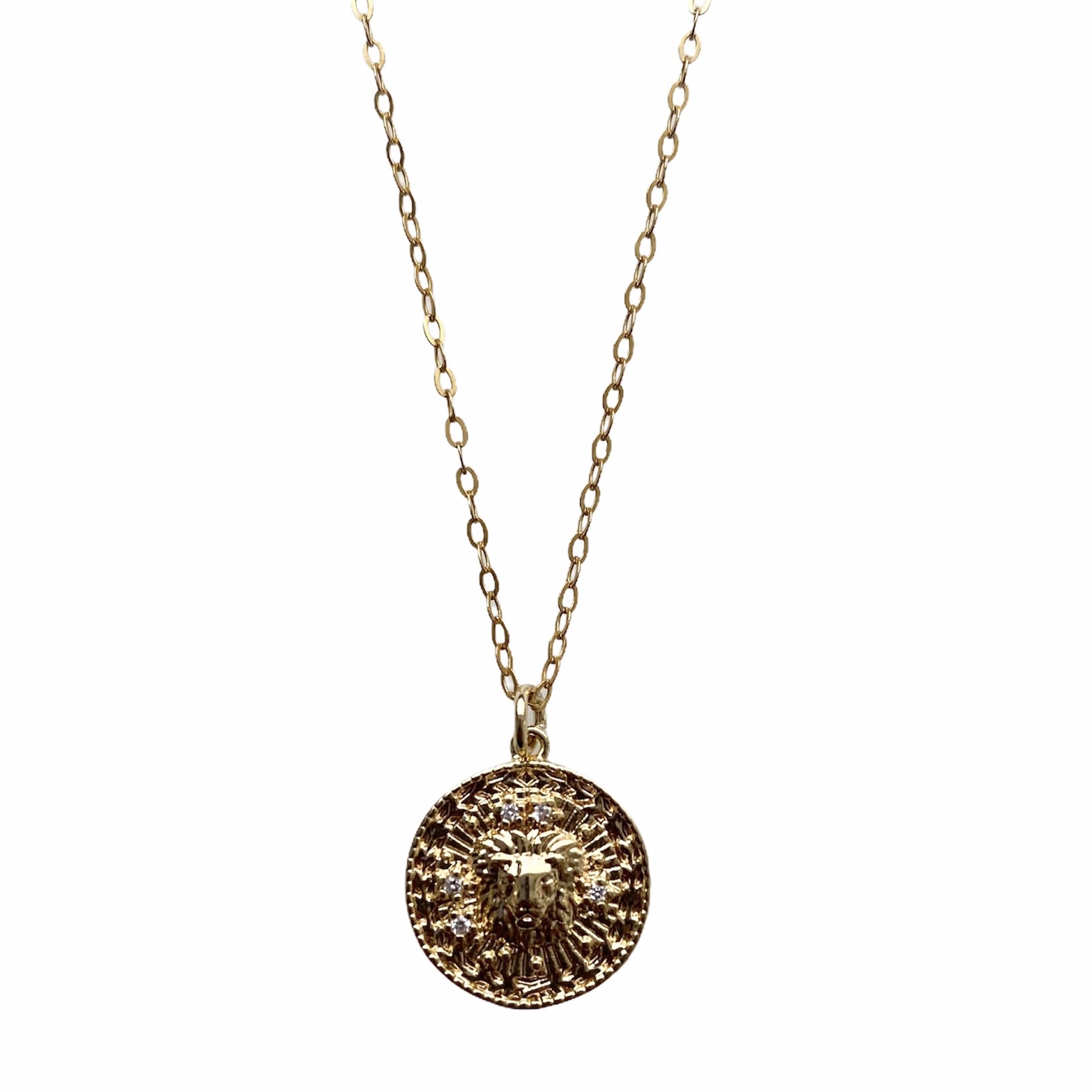 Celestial Vibes Zodiac Necklace featuring a 14K gold filled chain and zirconia encrusted pendant, elegantly displayed.