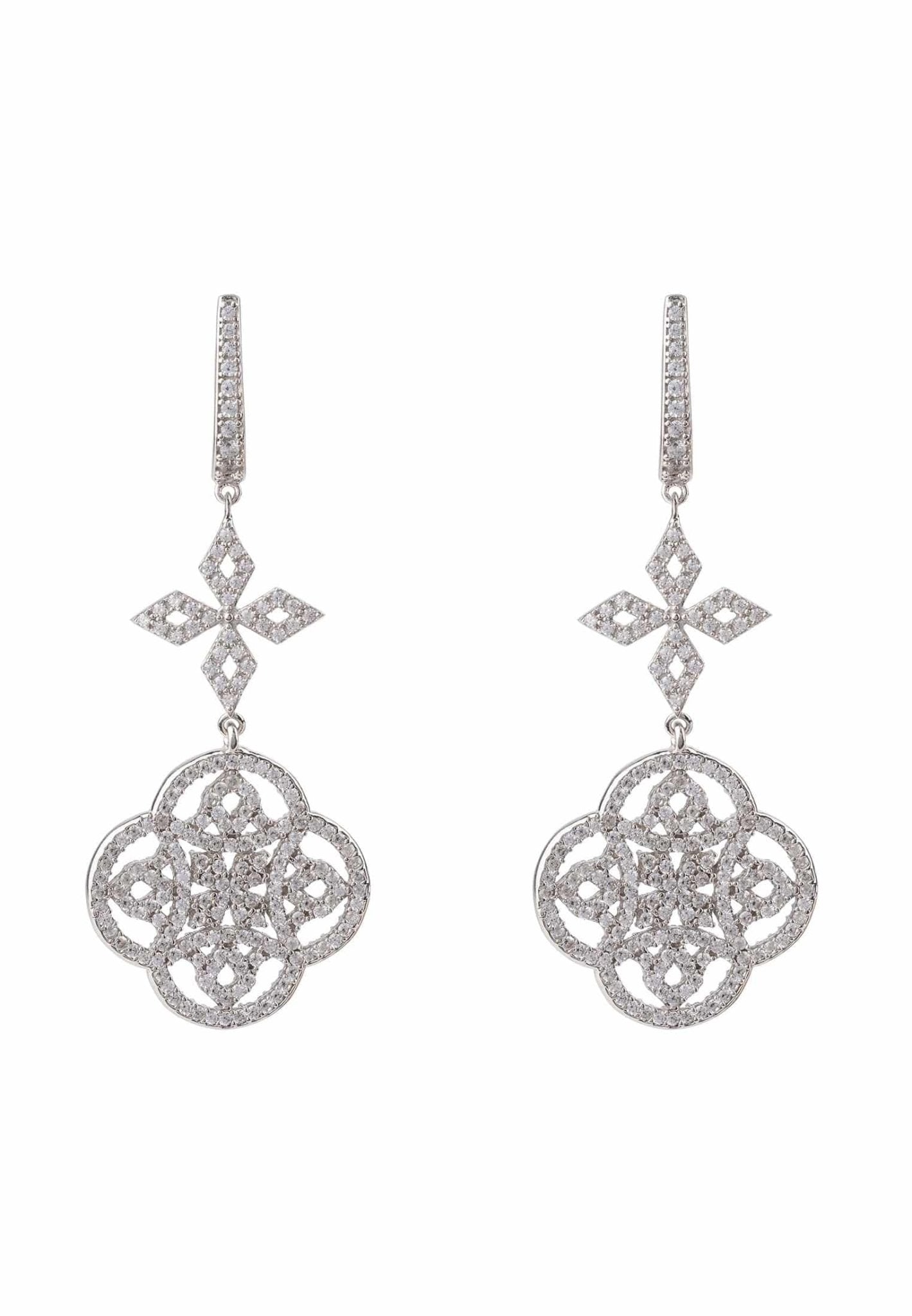 Elegant Celtic Knot Clover Drop Earrings in silver with intricate designs and zircon accents, showcasing craftsmanship and beauty.