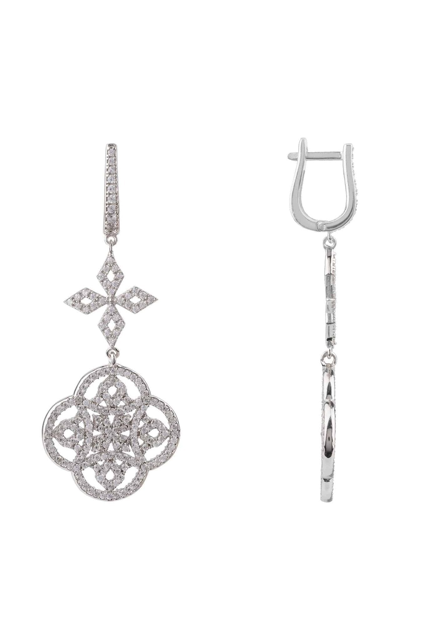 Elegant Celtic Knot Clover Drop Earrings in silver with intricate designs and zircon accents, showcasing craftsmanship and beauty.