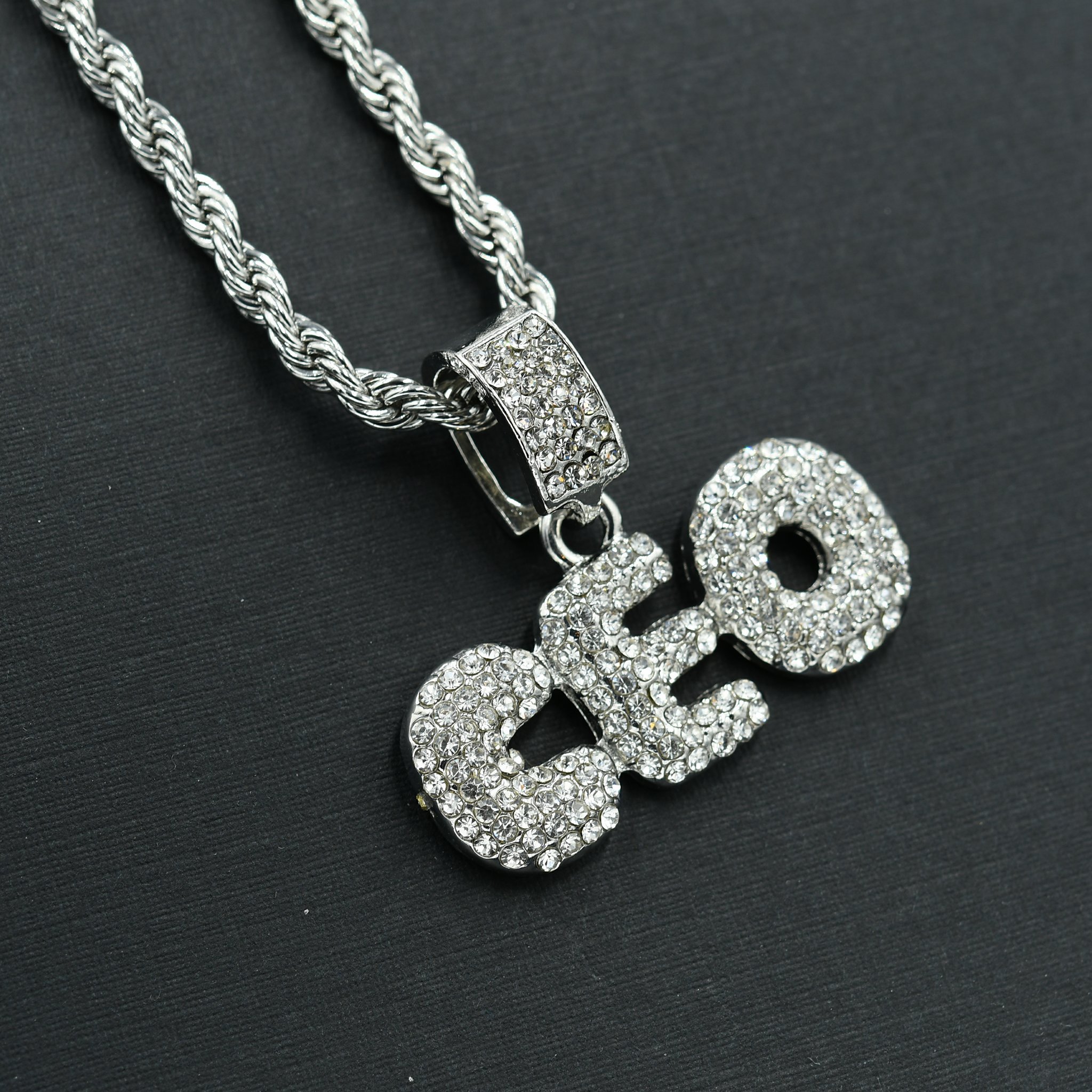 CEO Necklace Hip Hop featuring a crystal-studded pendant on a 24'' rope chain, showcasing intricate design and urban style.