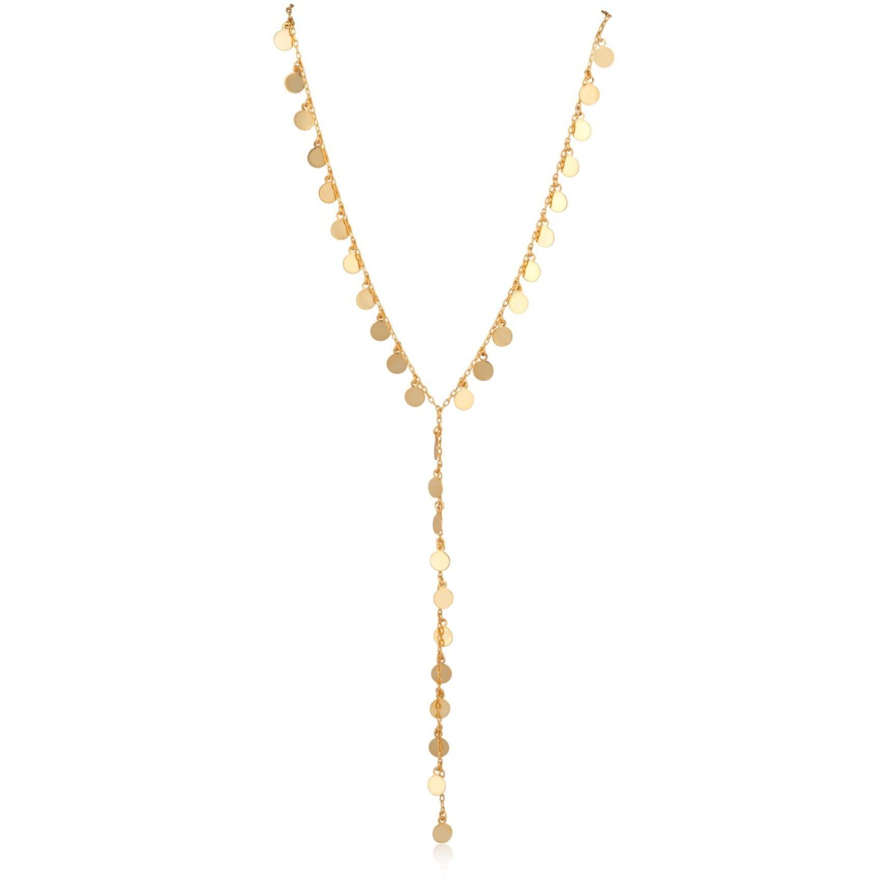 A beautiful 14k gold-filled lariat necklace featuring an 18-inch length with a 4-inch extender, showcasing its elegant design.