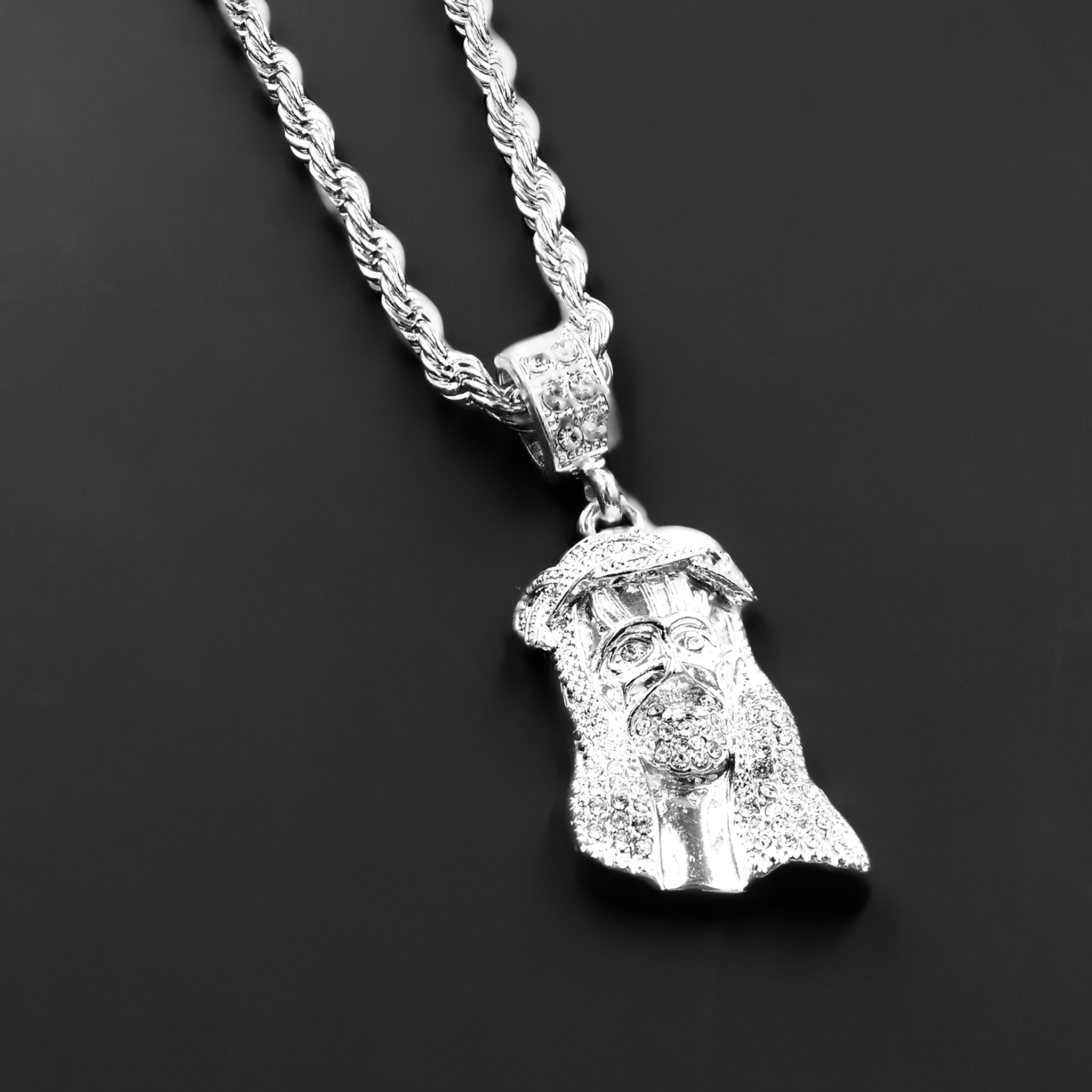 CHAIN AND CHARM - D910171 featuring a crystal stone studded pendant on a 24'' rope chain, showcasing intricate hip-hop jewelry design.