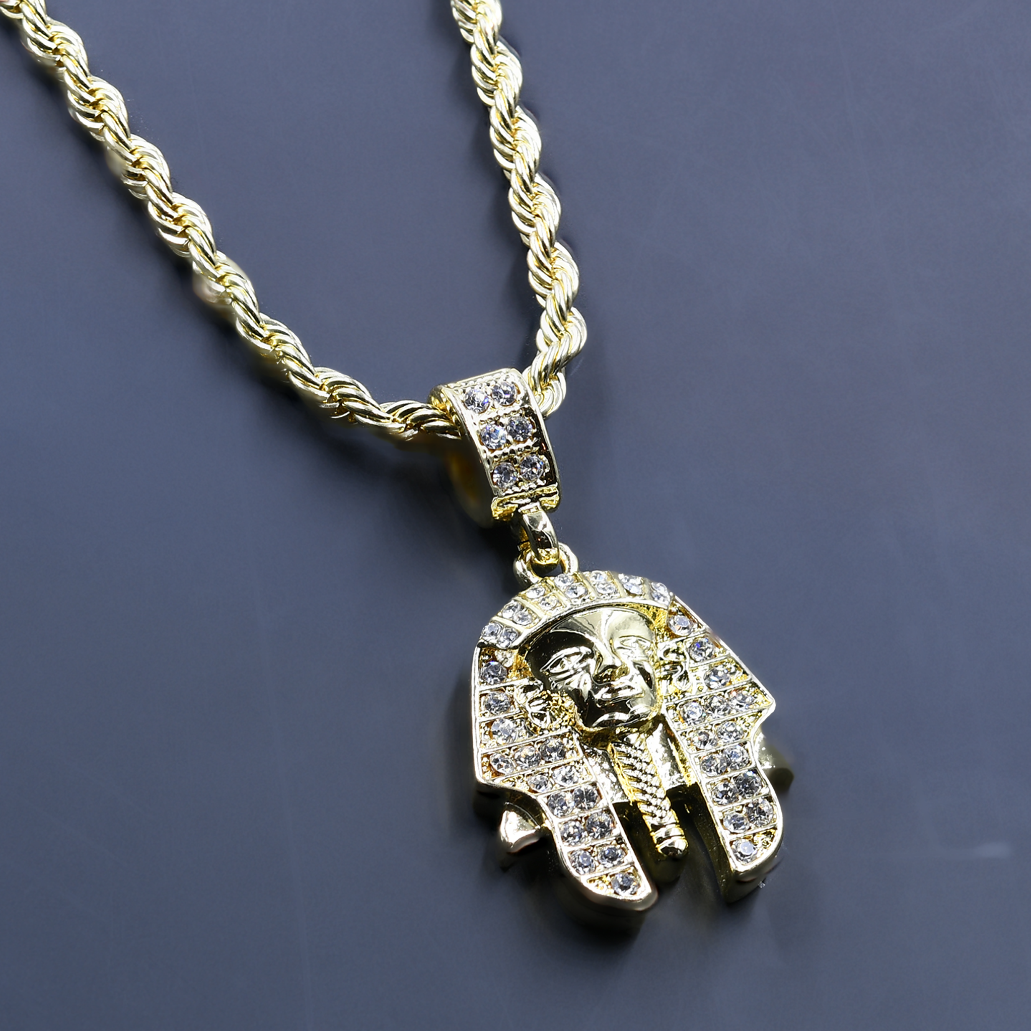 CHAIN AND CHARM - D910522 featuring a crystal stone studded pendant on a 24'' rope chain, showcasing intricate hip-hop jewelry design.