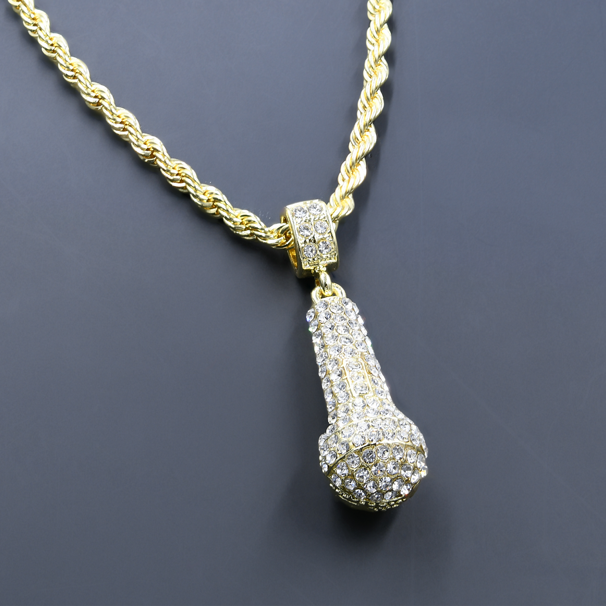 CHAIN AND CHARM - D910522 featuring a crystal stone studded pendant on a 24'' rope chain, showcasing intricate hip-hop jewelry design.