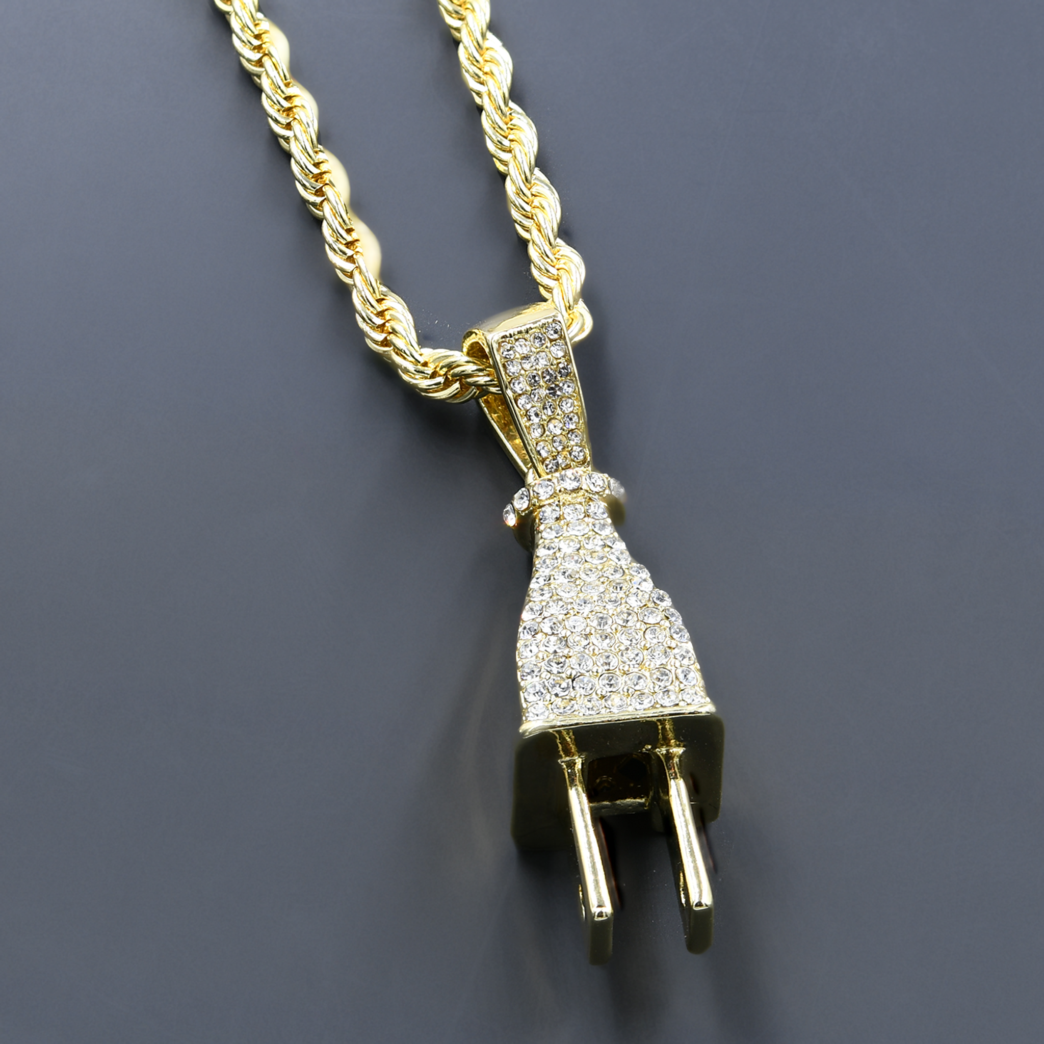 CHAIN AND CHARM - D911252 featuring a crystal stone studded pendant on a 24'' rope chain, showcasing intricate hip-hop jewelry design.