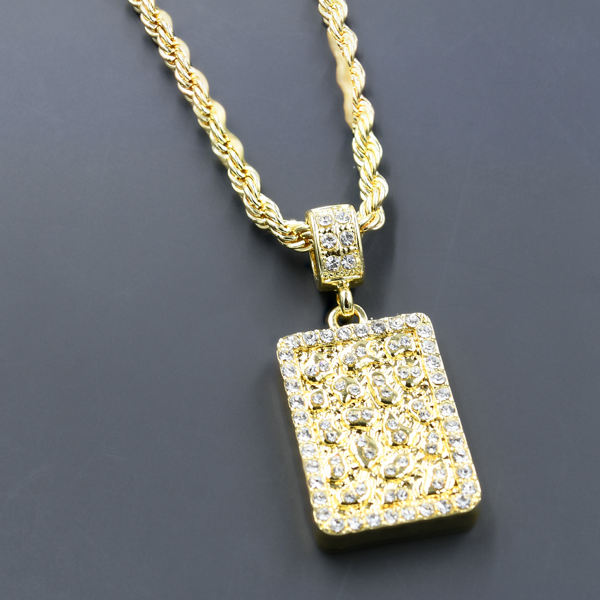 CHAIN AND CHARM - D912262 featuring a crystal stone studded pendant on a 24'' rope chain, showcasing intricate hip-hop jewelry design.