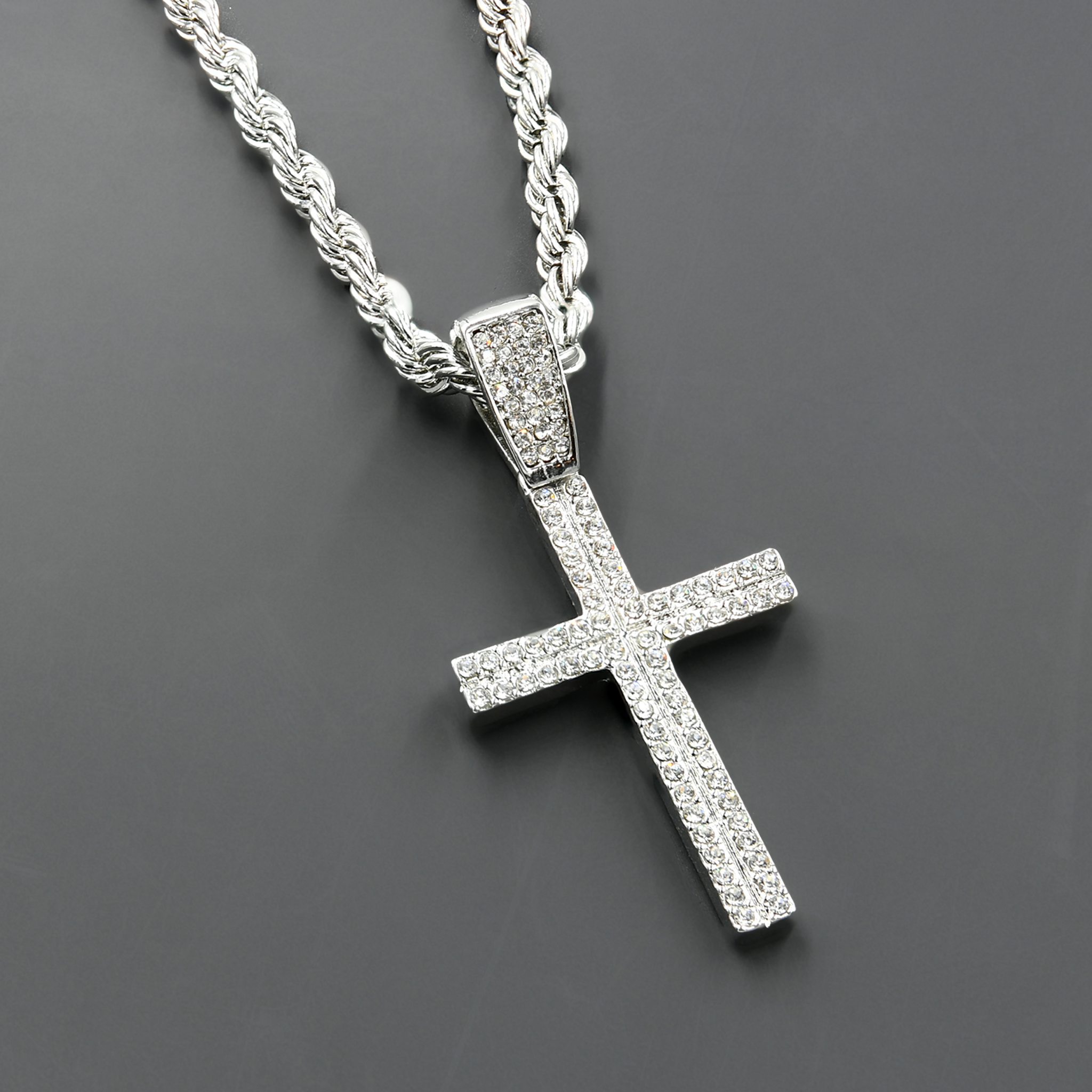 CHAIN AND CHARM - D911291 featuring a crystal-studded pendant on a 24'' rope chain, showcasing intricate hip-hop jewelry design.