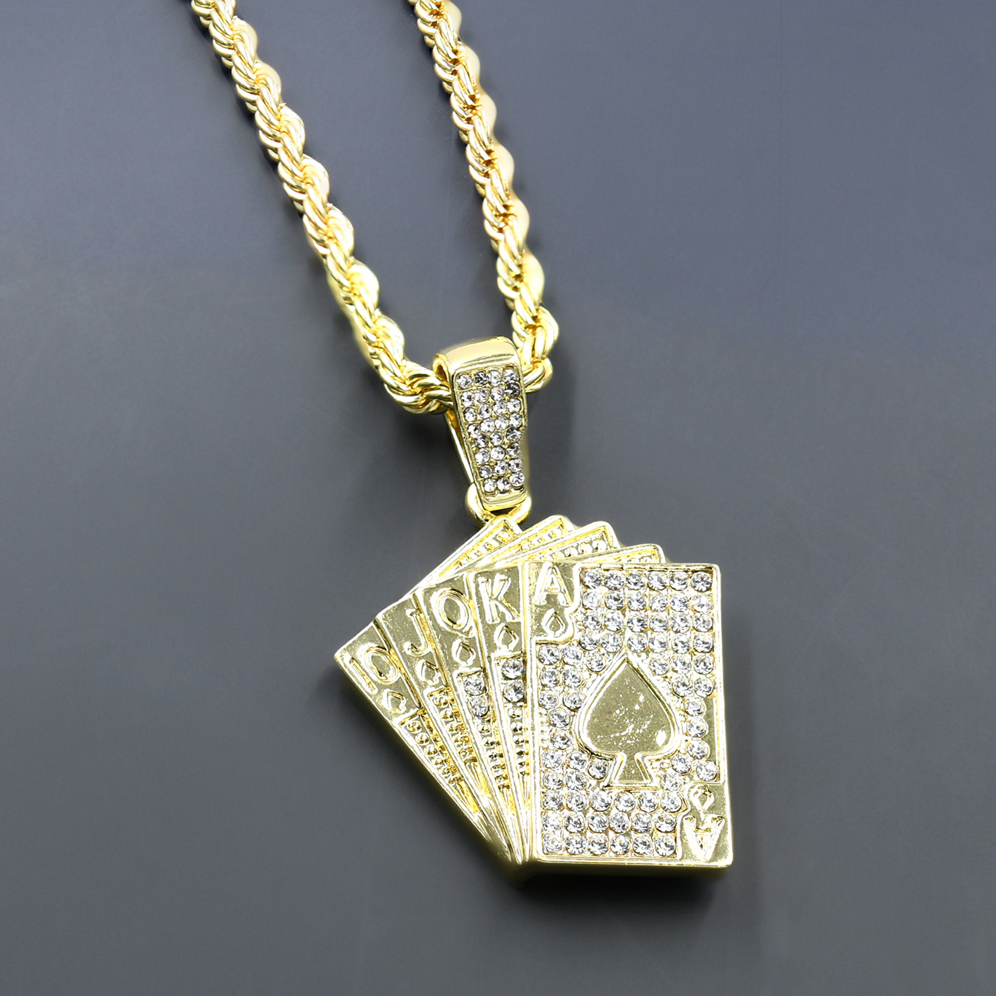 CHAIN AND CHARM - D911732 featuring a crystal stone studded pendant on a 24'' rope chain, showcasing intricate hip-hop jewelry design.