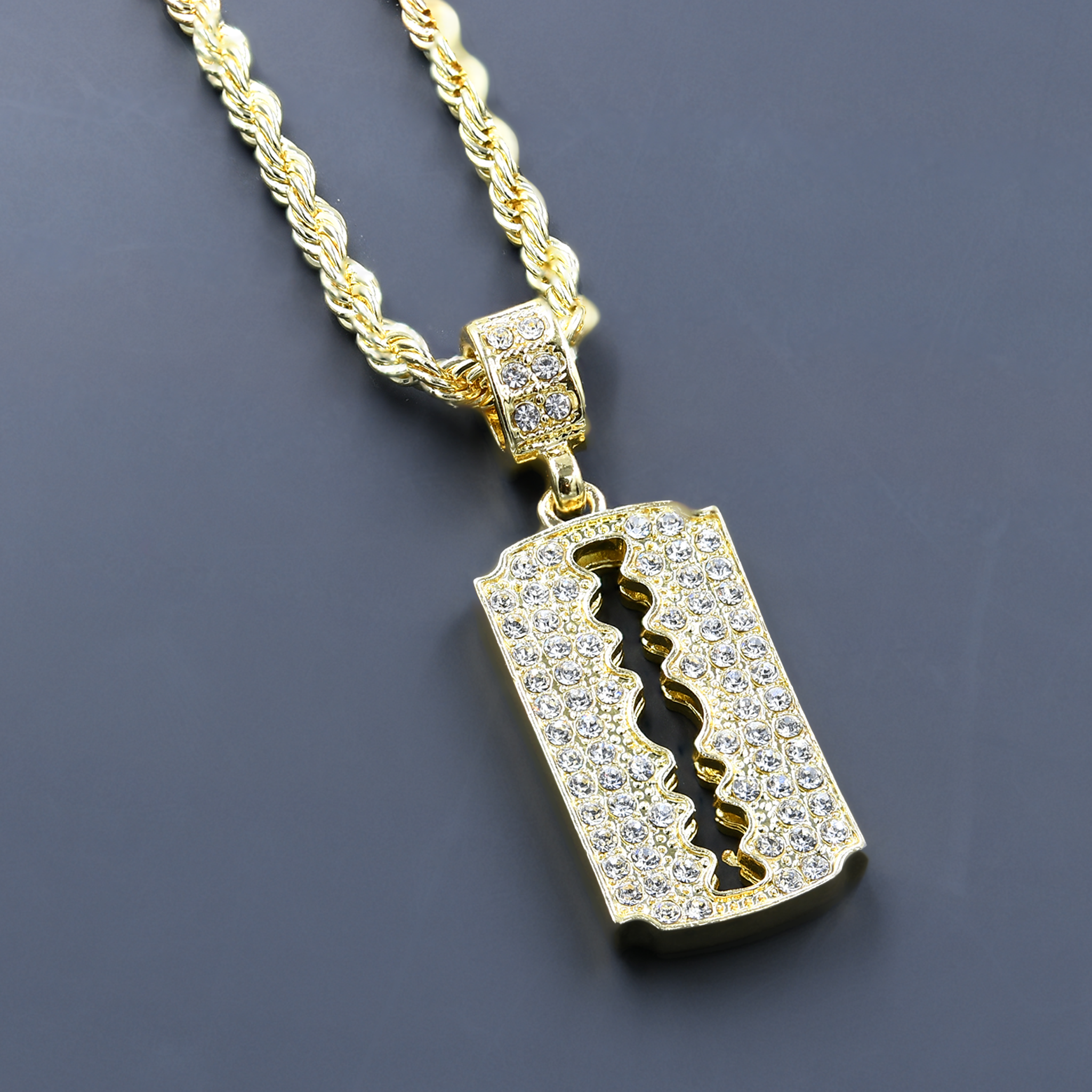 CHAIN AND CHARM - D911812 featuring a crystal stone studded pendant on a 24'' rope chain, showcasing intricate hip-hop jewelry design.