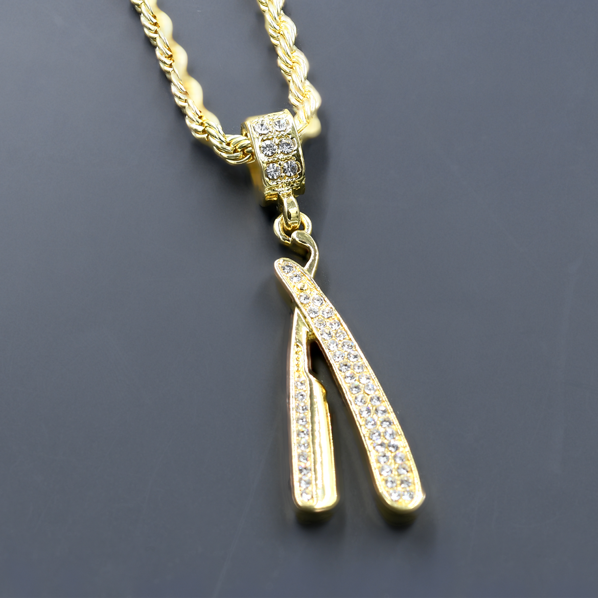 CHAIN AND CHARM - D911822 featuring a crystal stone studded pendant on a 24'' rope chain, showcasing intricate hip-hop jewelry design.