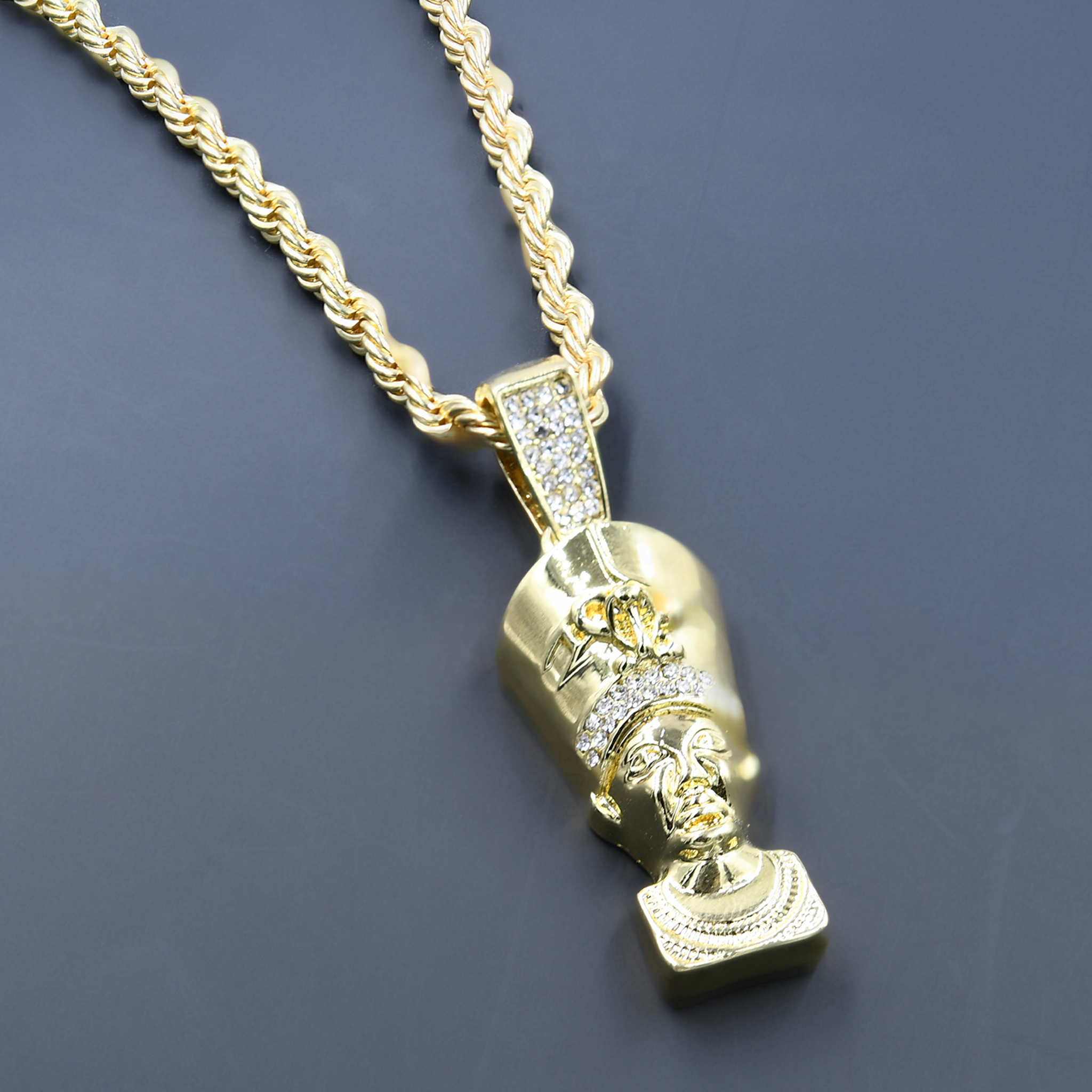 CHAIN AND CHARM - D911192 featuring a crystal-studded pendant on a 24'' rope chain, showcasing intricate hip-hop jewelry design.