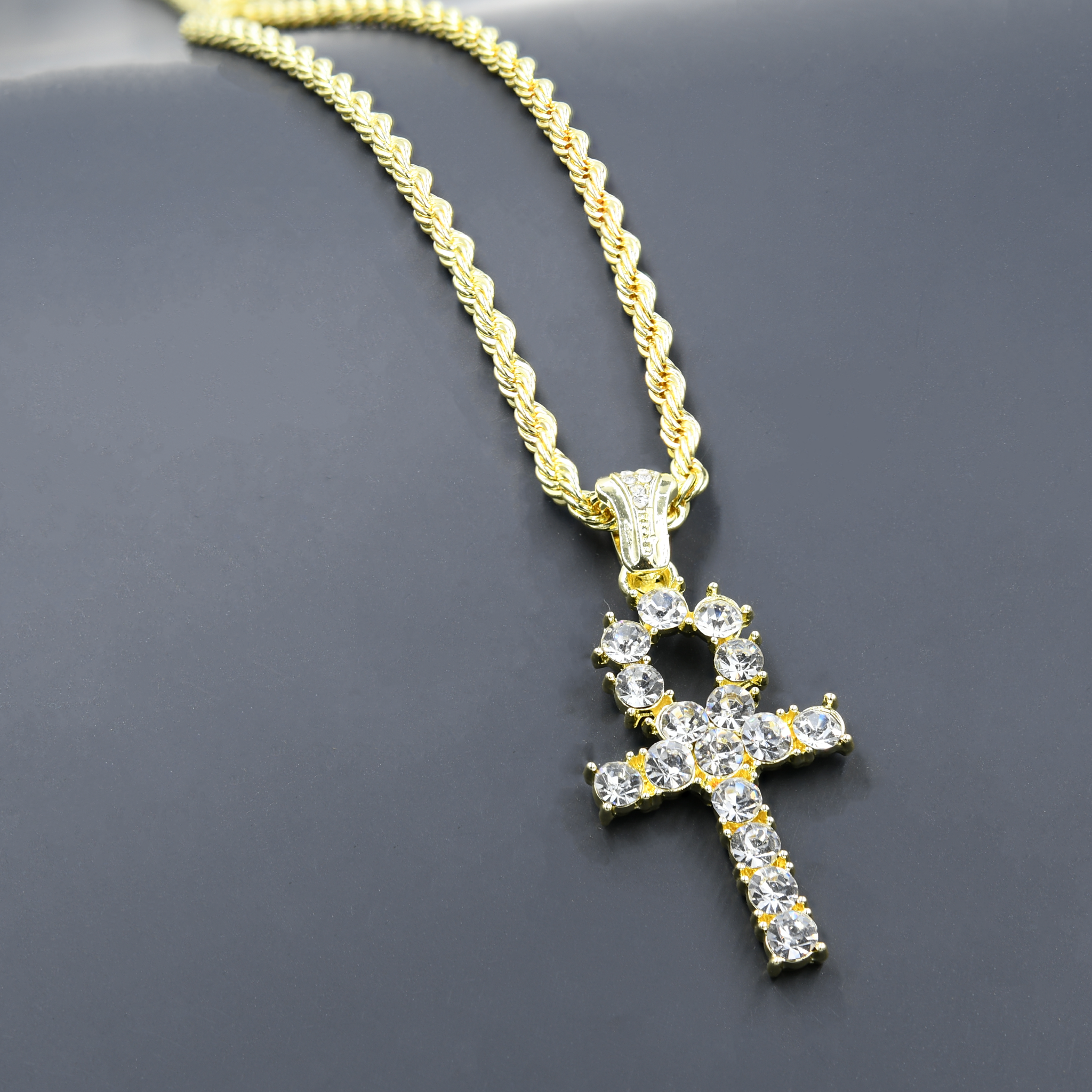 CHAIN AND CHARM - HC87652 featuring a crystal-studded pendant on a 24'' rope chain, perfect for hip-hop fashion.