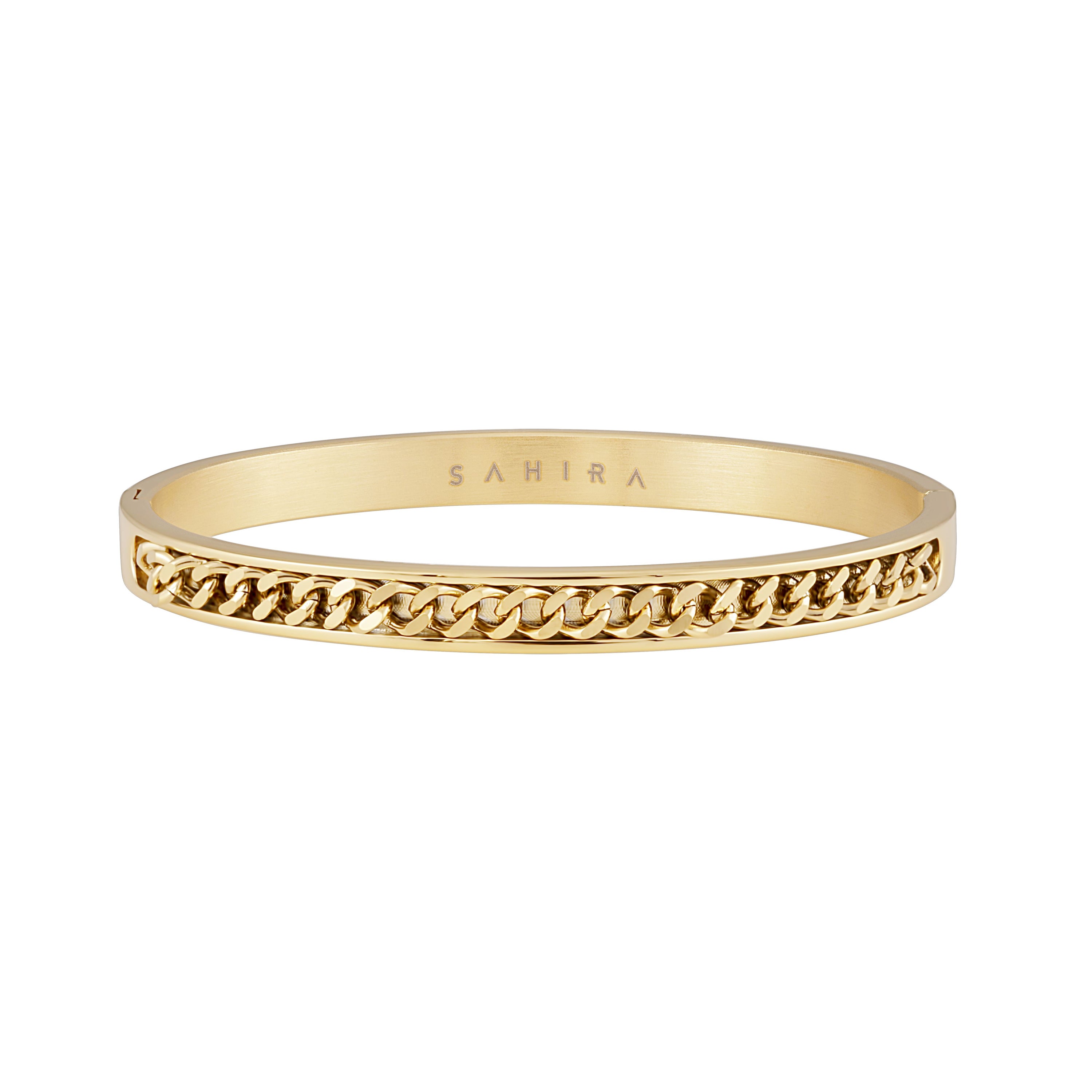 Elegant 18k gold plated chain bangle with intricate links, perfect for stylish accessorizing.