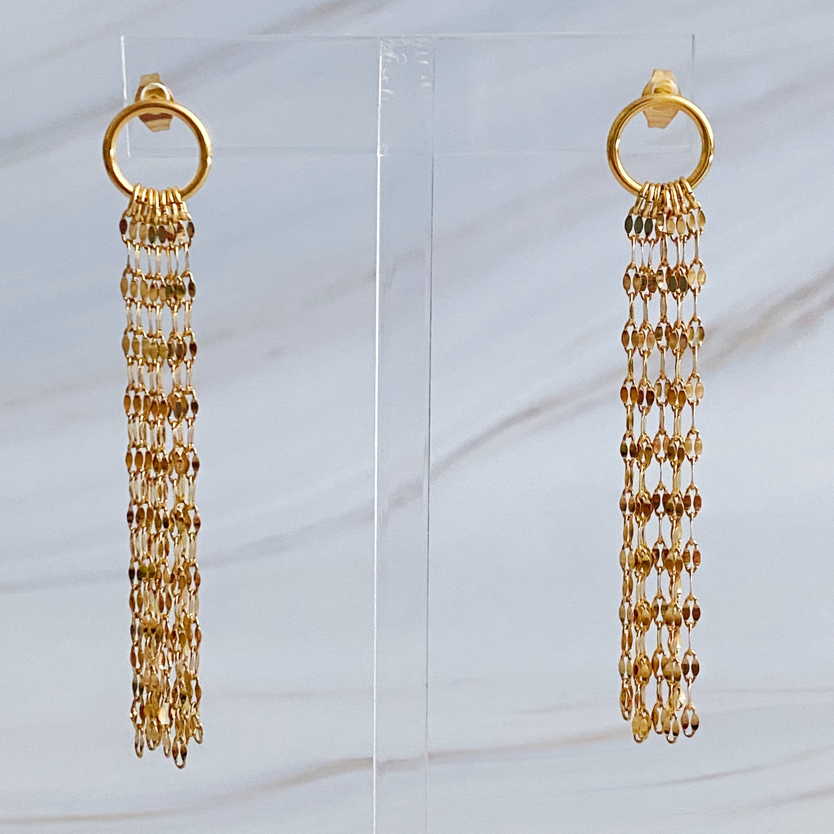 Elegant Chain Drape Dangle Earrings in 18k gold plated stainless steel, showcasing a delicate draping design.