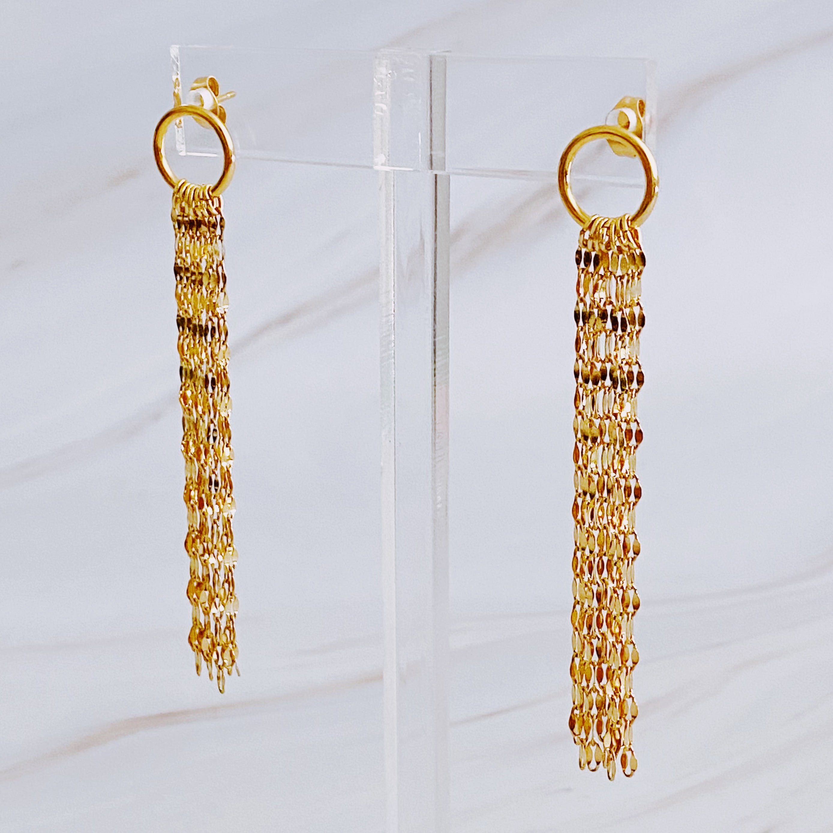 Elegant Chain Drape Dangle Earrings in 18k gold plated stainless steel, showcasing a delicate draping design.