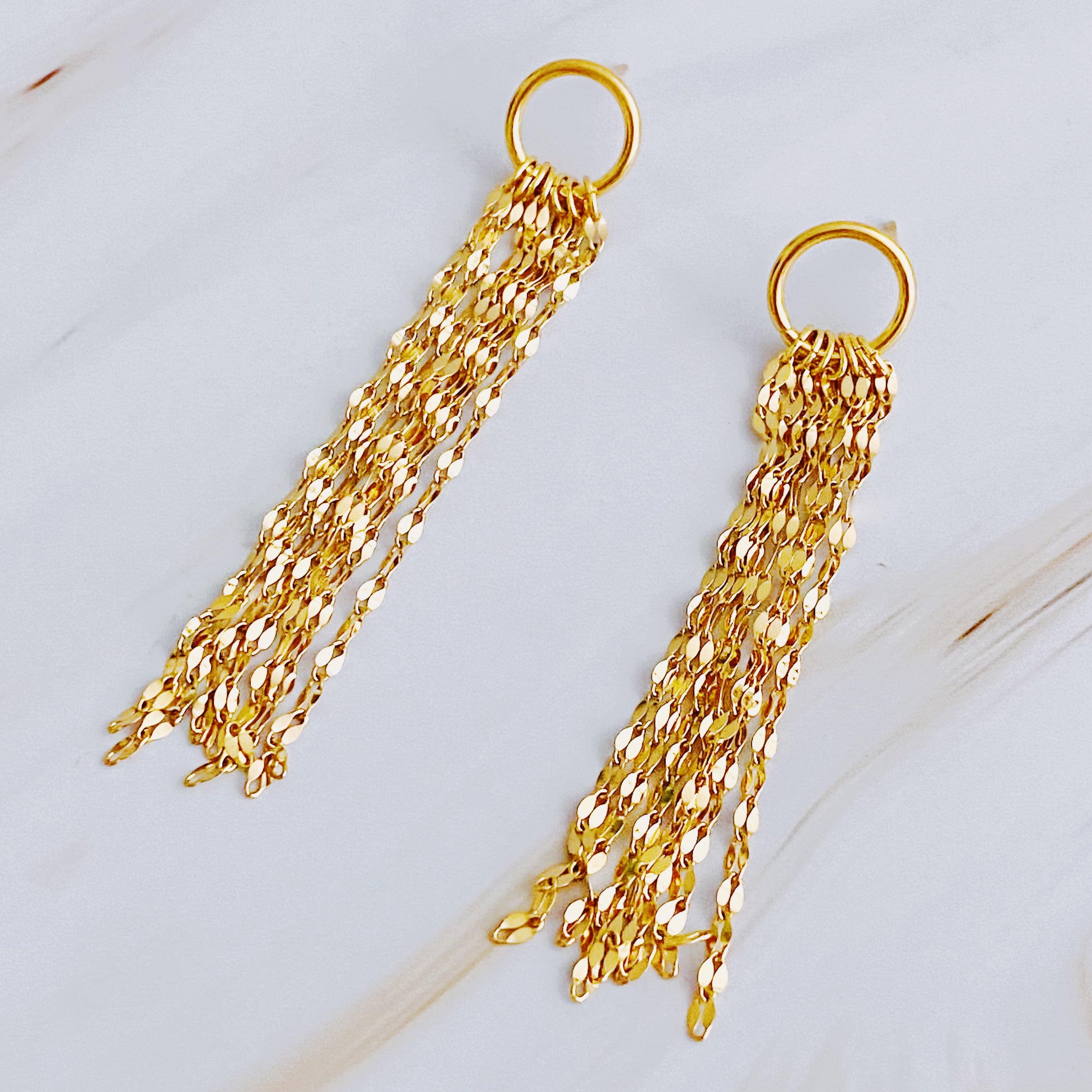 Elegant Chain Drape Dangle Earrings in 18k gold plated stainless steel, showcasing a delicate draping design.