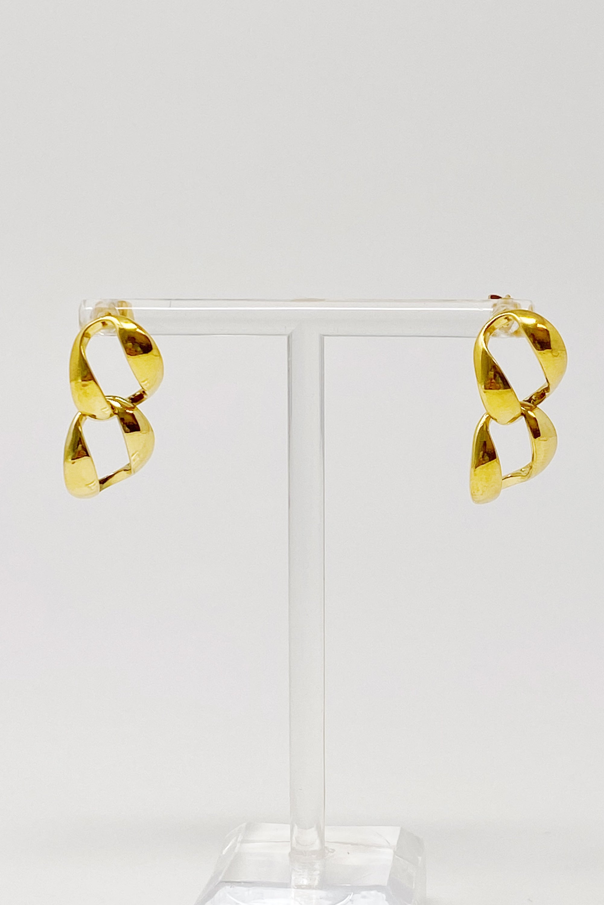 Stylish Chain Drop Earrings featuring two linked chains in gold plated stainless steel.