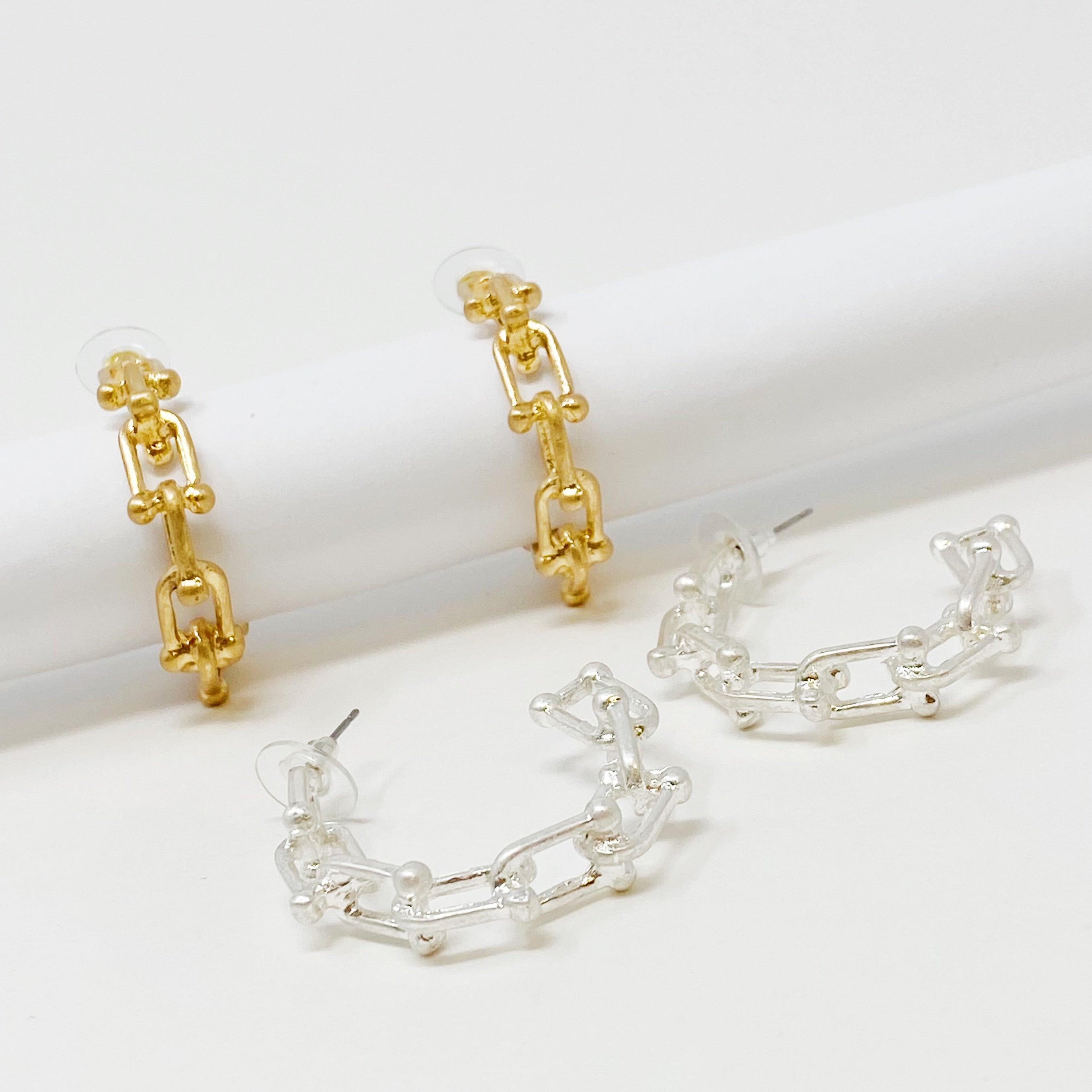 Chained Link Hoop Earrings featuring a stylish design in worn gold finish, perfect for everyday wear.