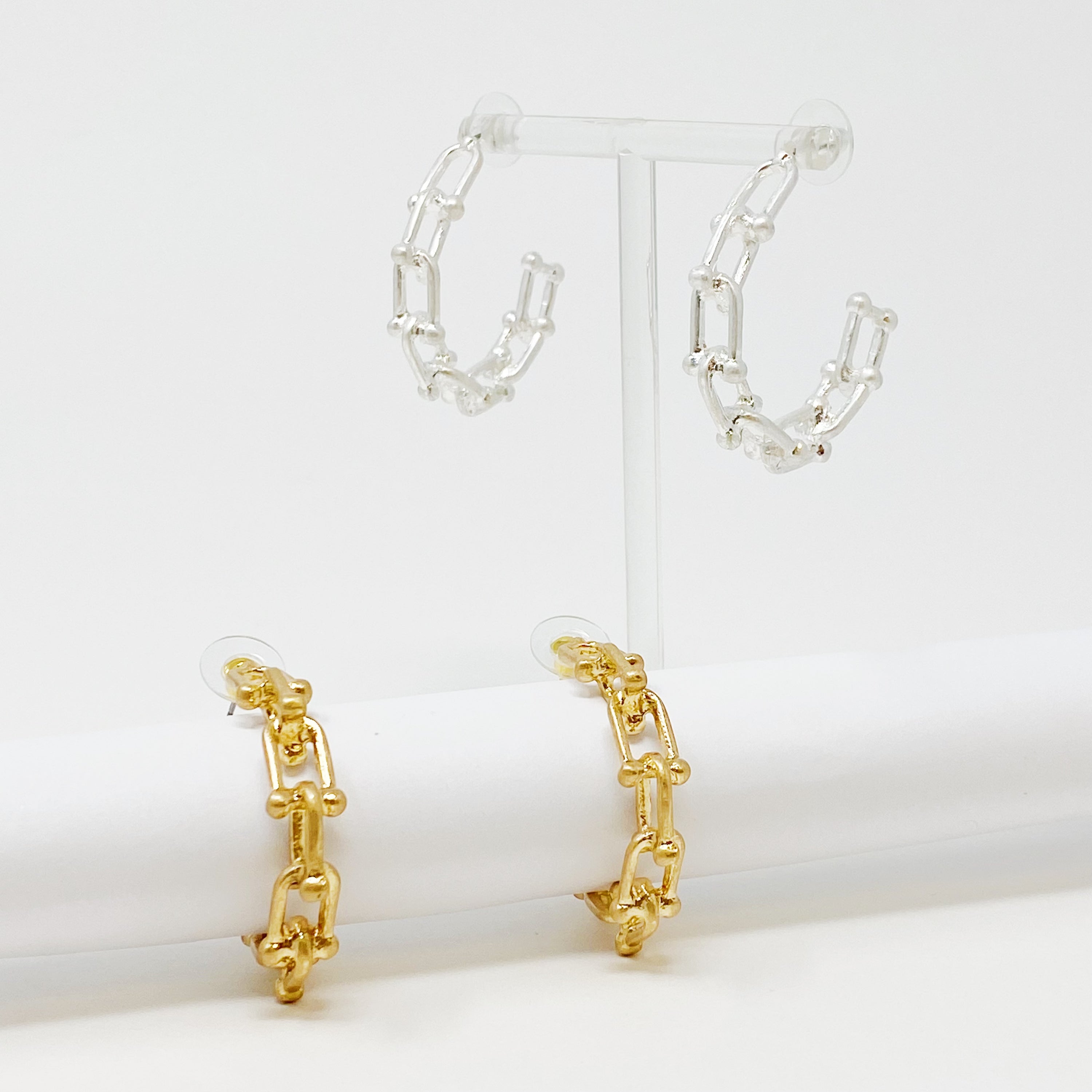 Chained Link Hoop Earrings featuring a stylish design in worn gold finish, perfect for everyday wear.