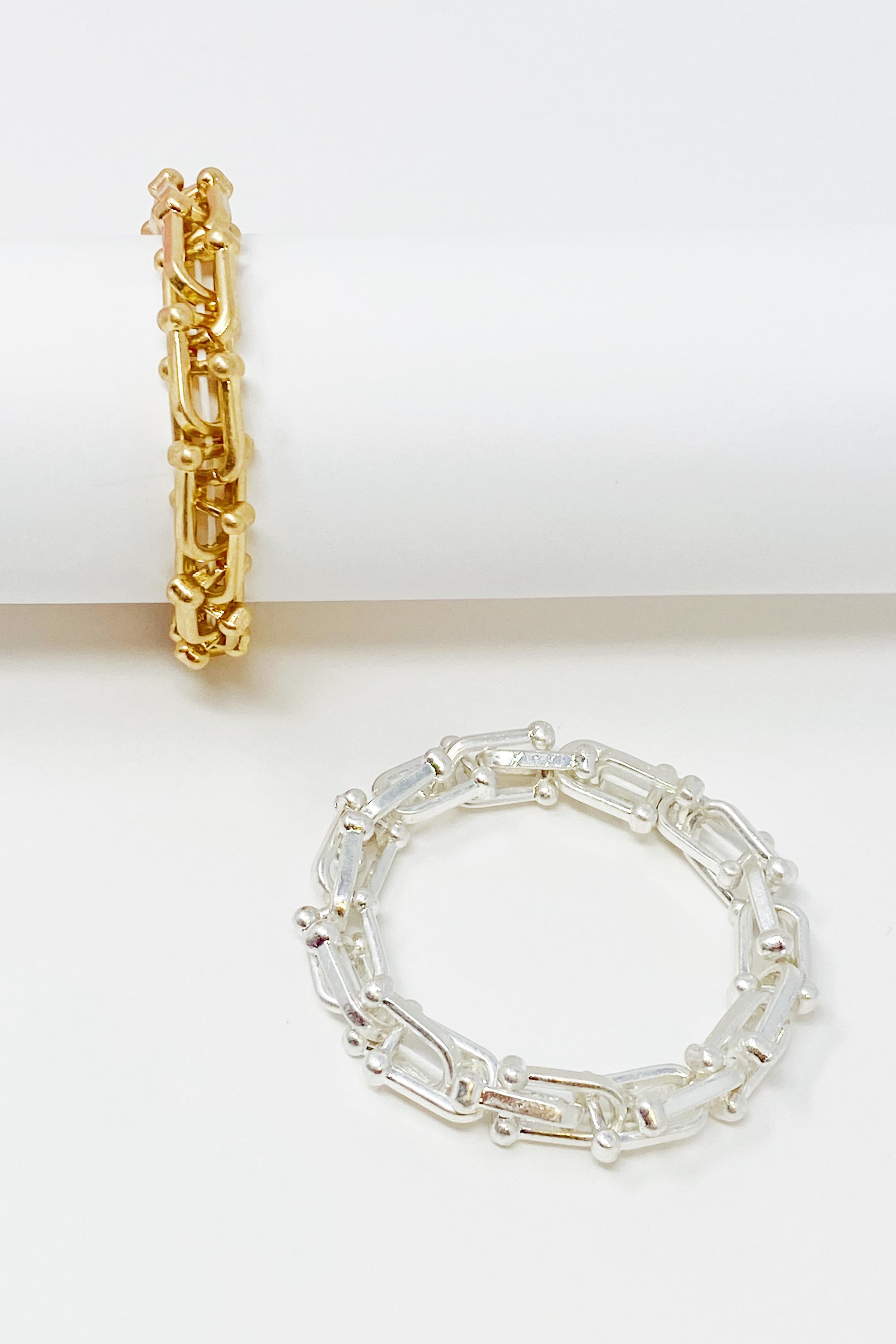 Chained Link Stretch Bracelet featuring a trendy link chain design in a worn gold finish, perfect for stylish accessorizing.