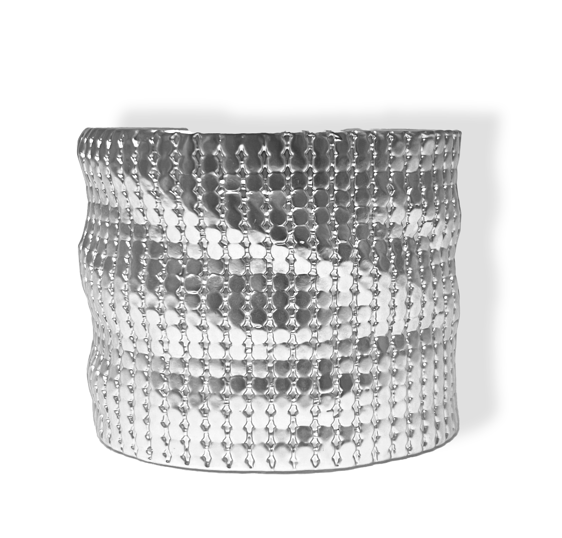 A stylish Chainmail Cuff Bracelet featuring a textured surface, available in gold, silver, and rose gold finishes.