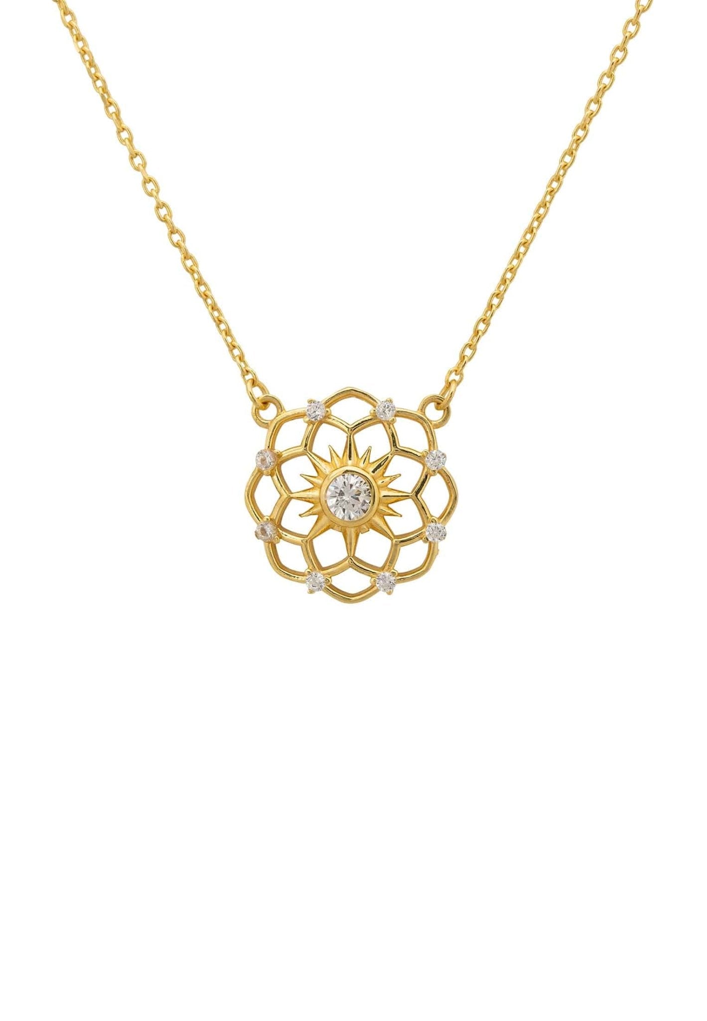 Chakra Pendant Necklace in gold with white zirconia, showcasing a delicate design perfect for everyday wear.