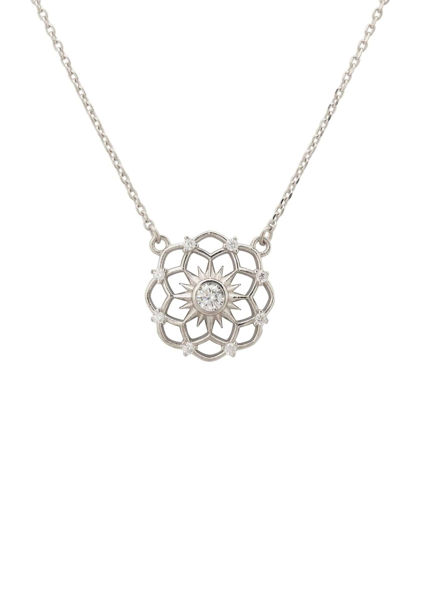 Chakra Pendant Necklace in silver with white zirconia, showcasing a chic design perfect for everyday wear.