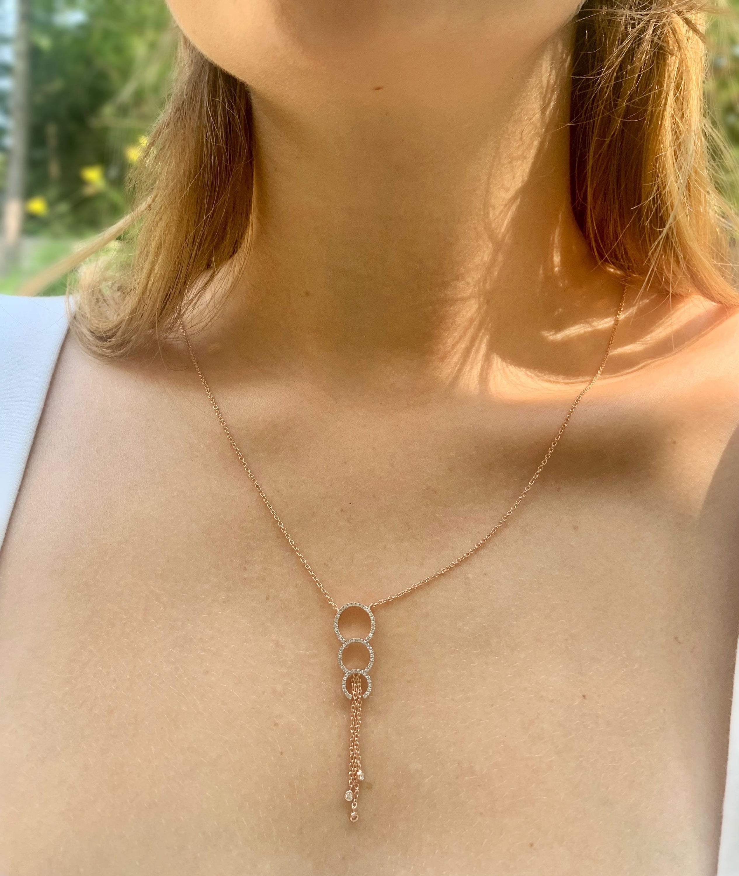 Chandelier Circle Trio Bolo Adjustable Diamond Lariat Necklace in 14K Rose Gold Vermeil with genuine diamonds and adjustable chain.