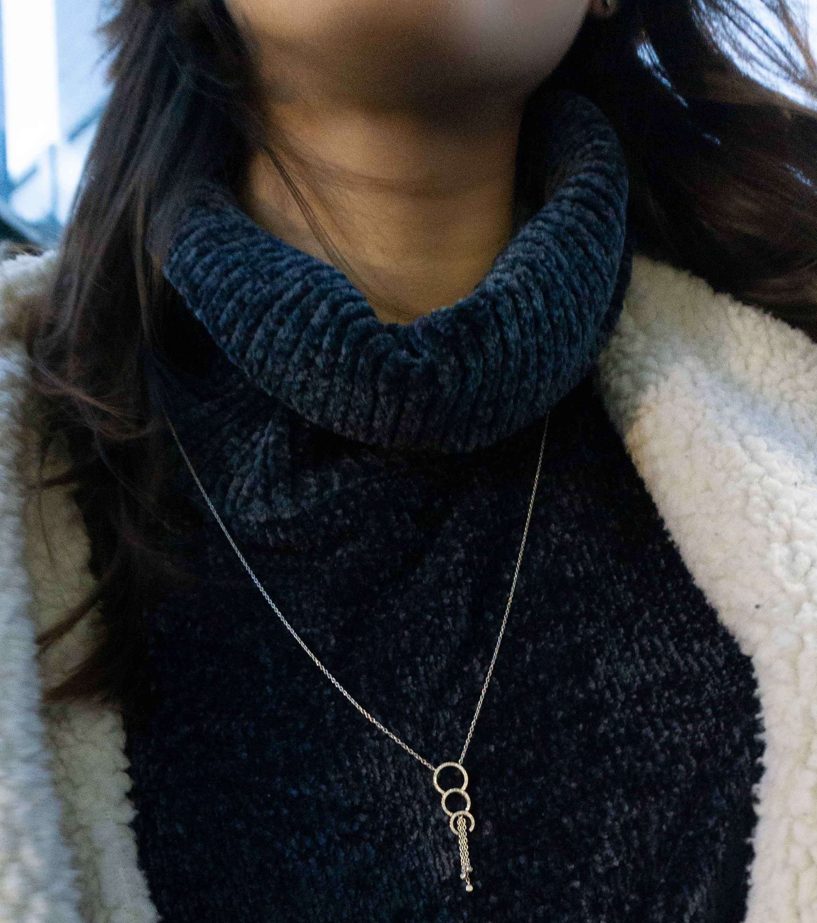 Chandelier Circle Trio Bolo Adjustable Diamond Lariat Necklace featuring natural diamonds and 925 Sterling Silver, elegantly displayed.