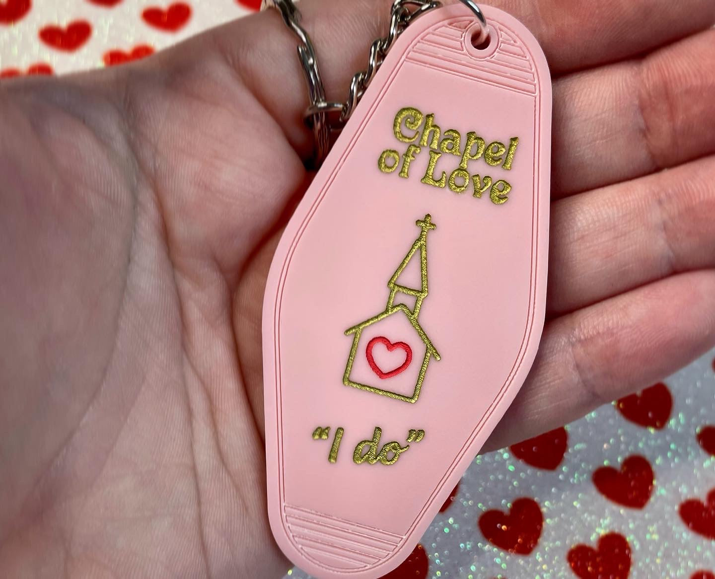 Chapel of Love Keyring featuring laser cut acrylic design, inspired by 1960s and 70s fashion trends, with dimensions of 8cm height and 4cm width.