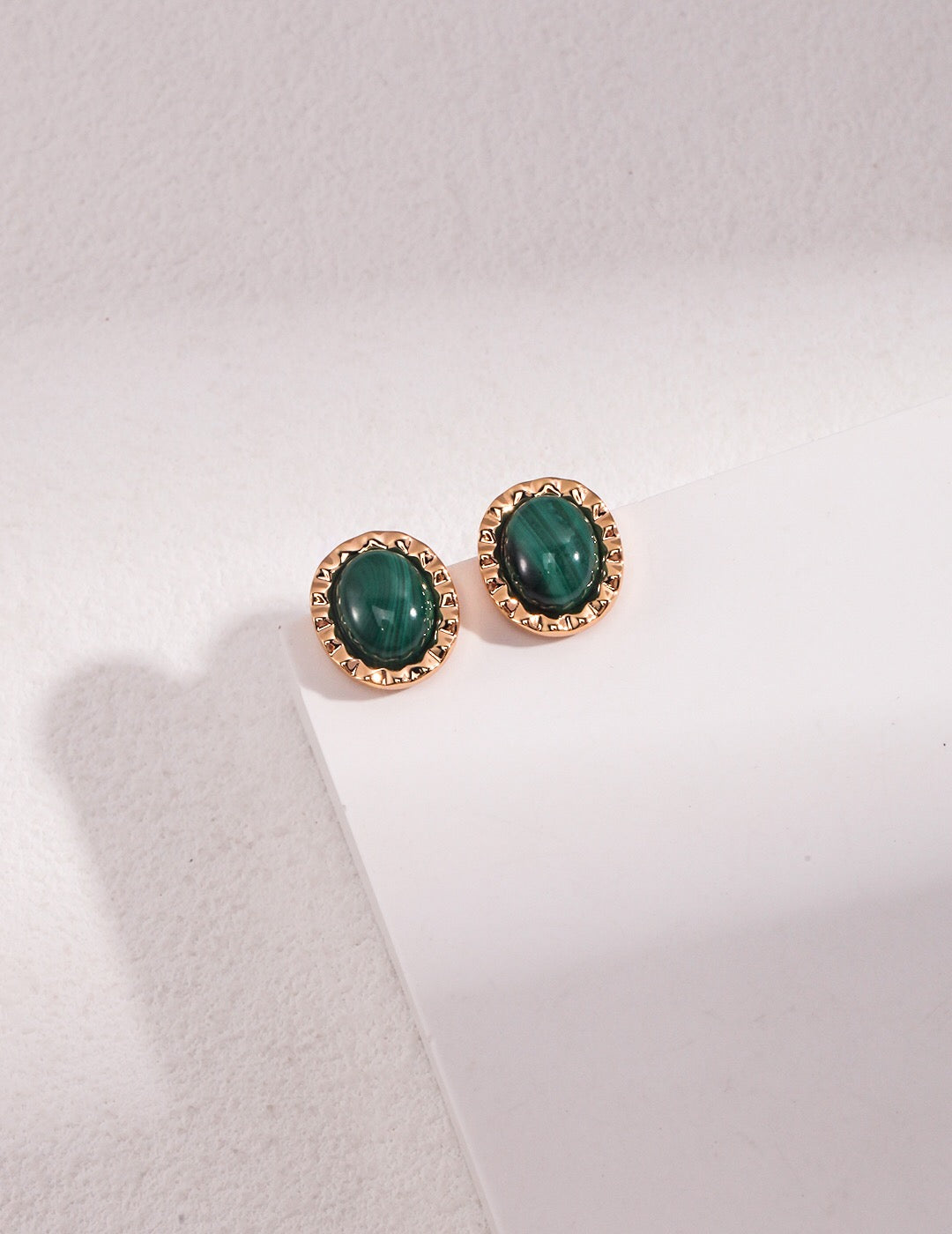 Charm Malachite Stud earrings featuring vibrant green malachite and gold vermeil, elegantly handcrafted for a luxurious look.