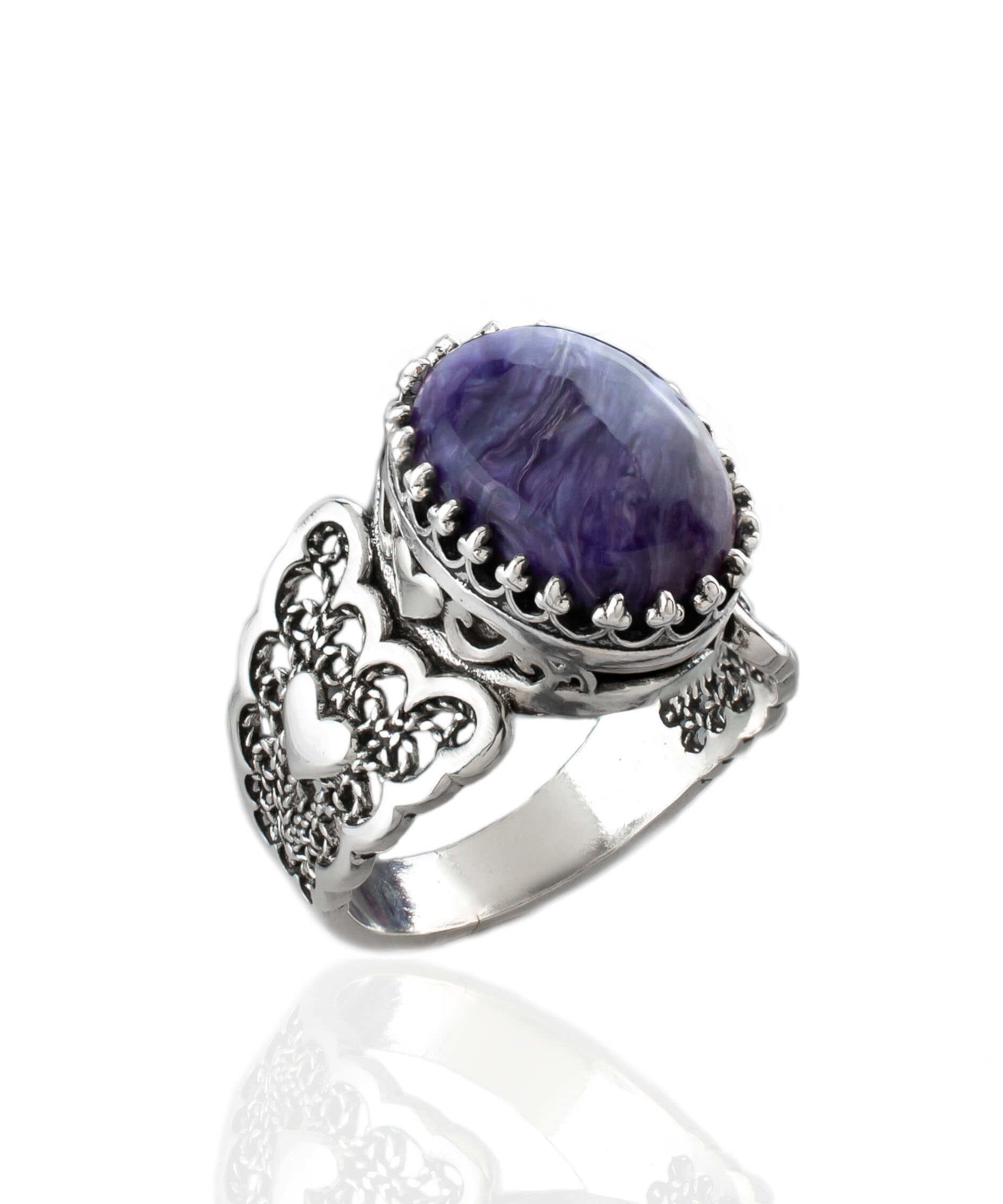 Charoite gemstone double heart ring in detailed filigree art, crafted from 925 sterling silver, showcasing intricate design and elegance.