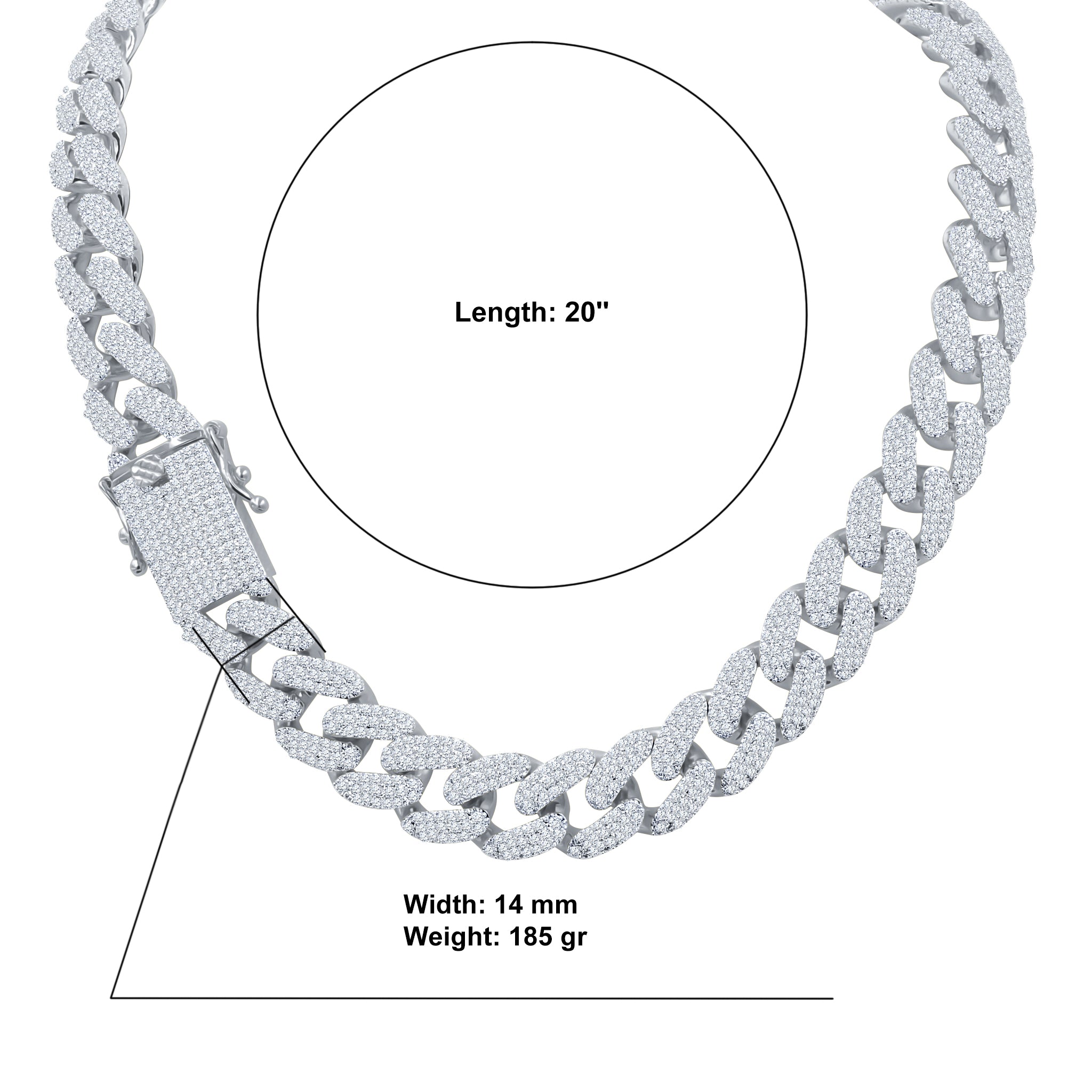 Chatoyant 14MM Sterling Silver Chain with sparkling cubic zirconia stones, showcasing a strong cuban link design.