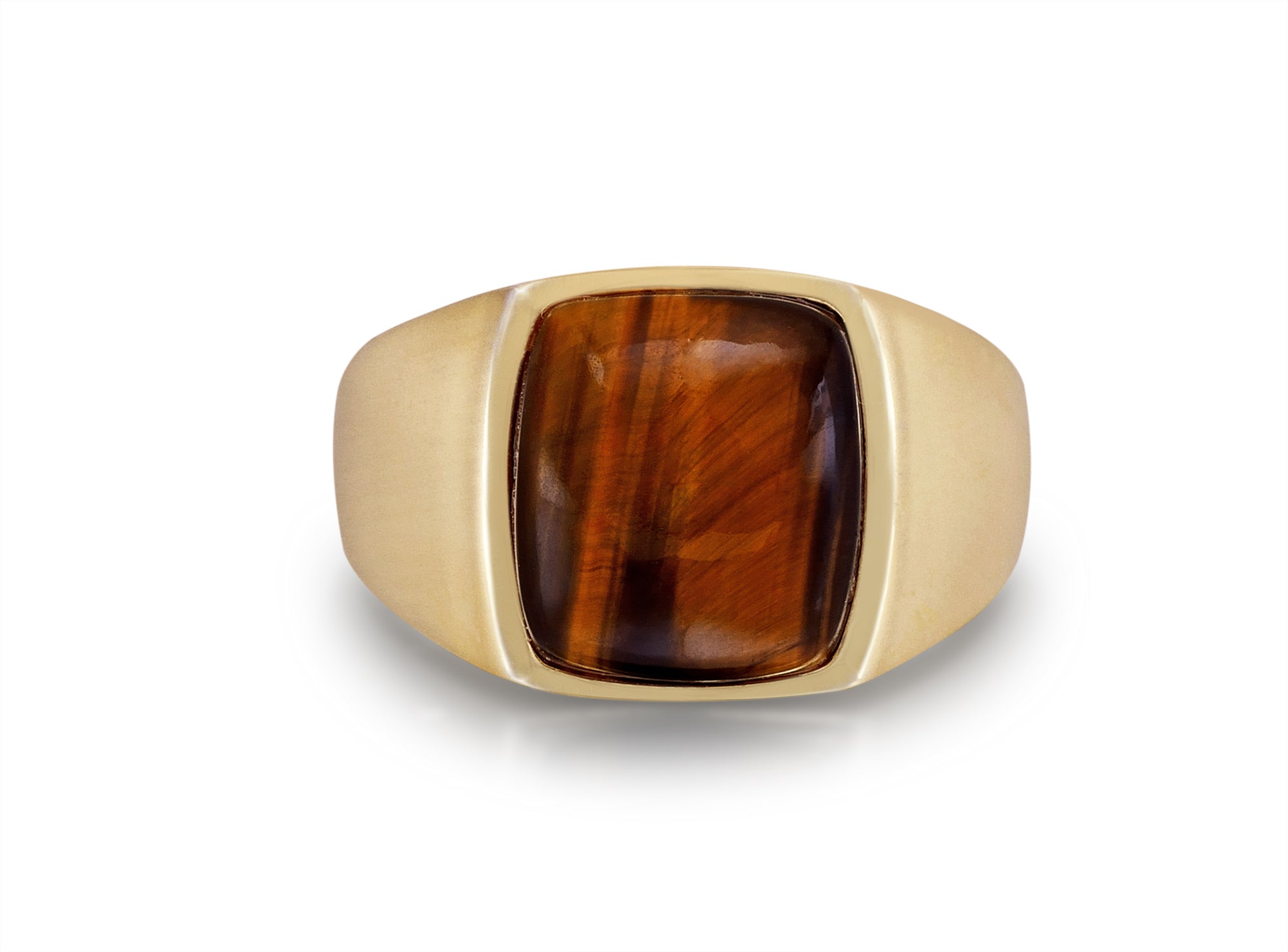 Chatoyant Red Tiger Eye Quartz Stone Signet Ring set in 14K Yellow Gold, showcasing rich red, gold, and brown hues of the quartz stone.