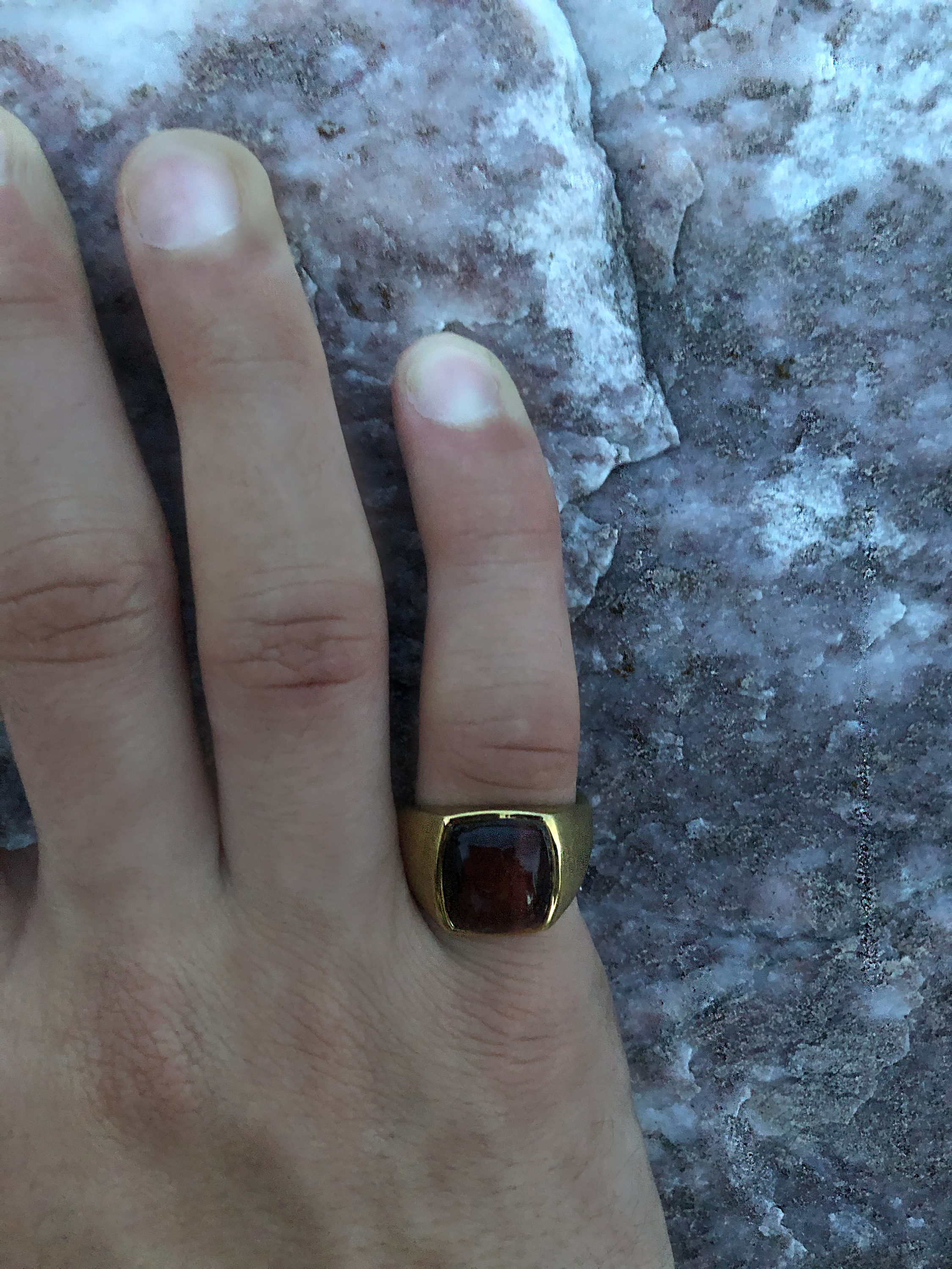 Chatoyant Red Tiger Eye Quartz Stone Signet Ring set in 14K Yellow Gold, showcasing rich red, gold, and brown hues of the quartz stone.