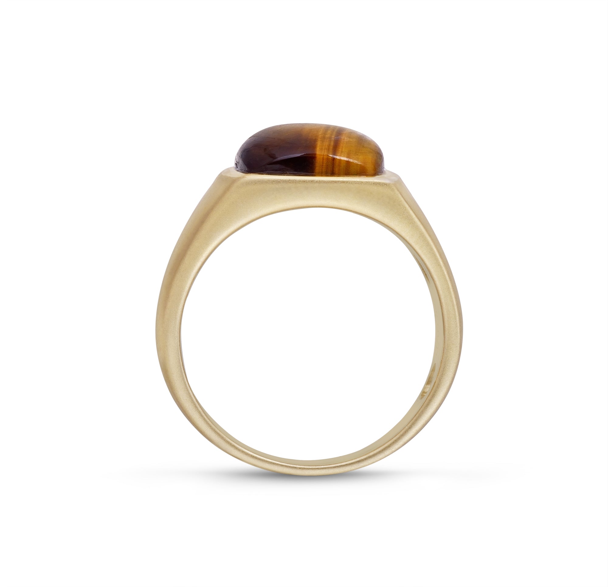 Chatoyant Red Tiger Eye Quartz Stone Signet Ring set in 14K Yellow Gold, showcasing rich red, gold, and brown hues of the quartz stone.