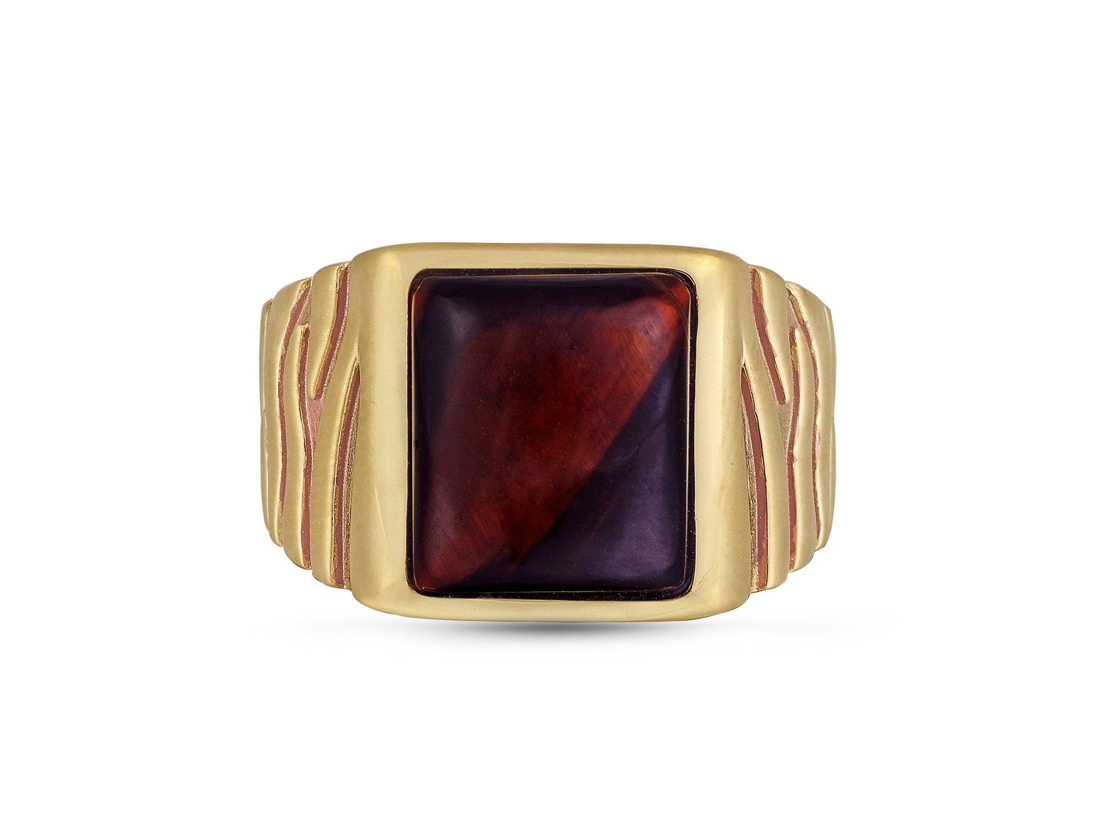 Chatoyant Red Tiger Eye Stone Signet Ring in Brown Rhodium and 14K Yellow Gold, featuring a unique stone and intricate design.