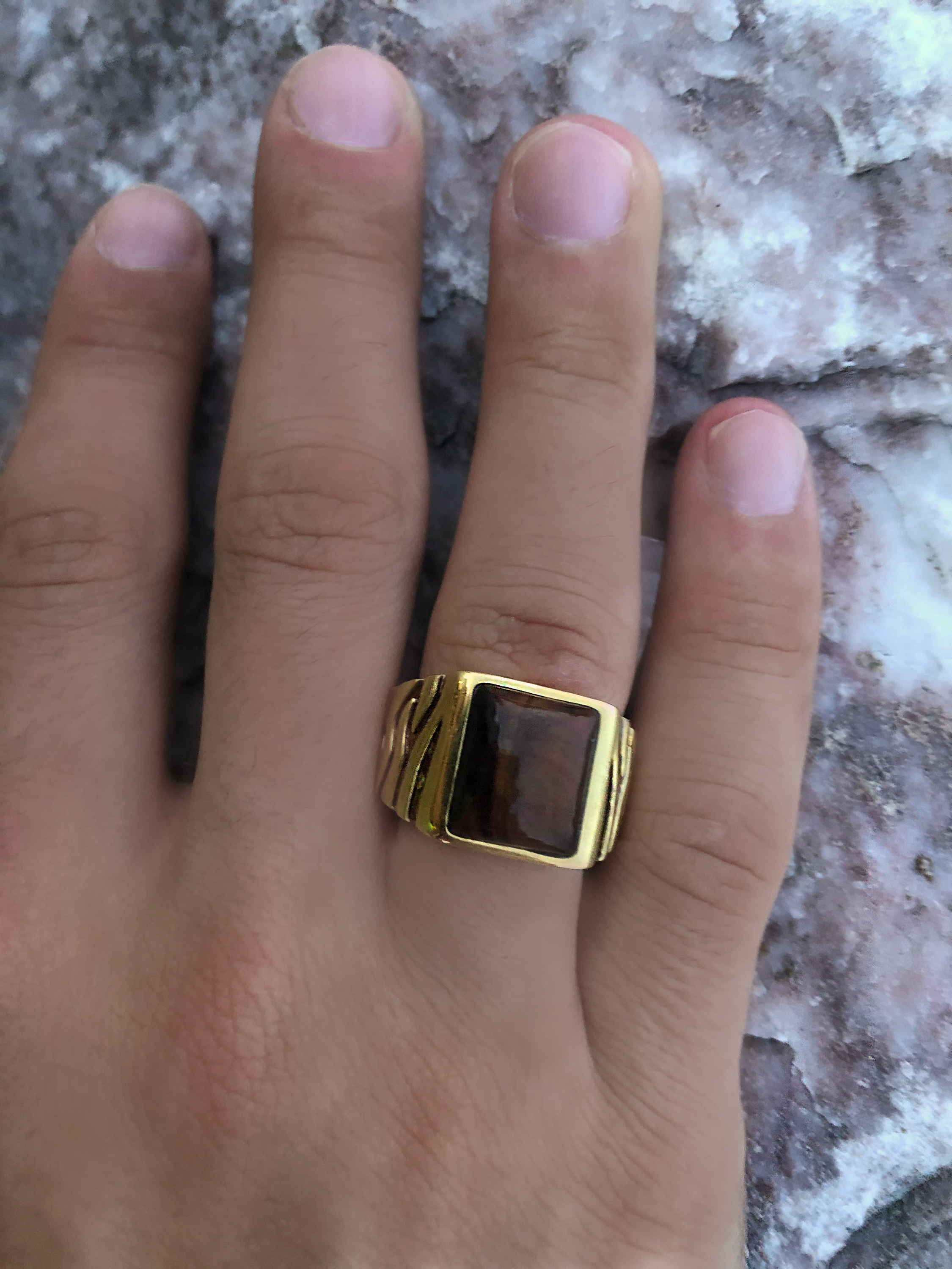 Chatoyant Red Tiger Eye Stone Signet Ring in Brown Rhodium and 14K Yellow Gold, featuring a unique stone and intricate design.