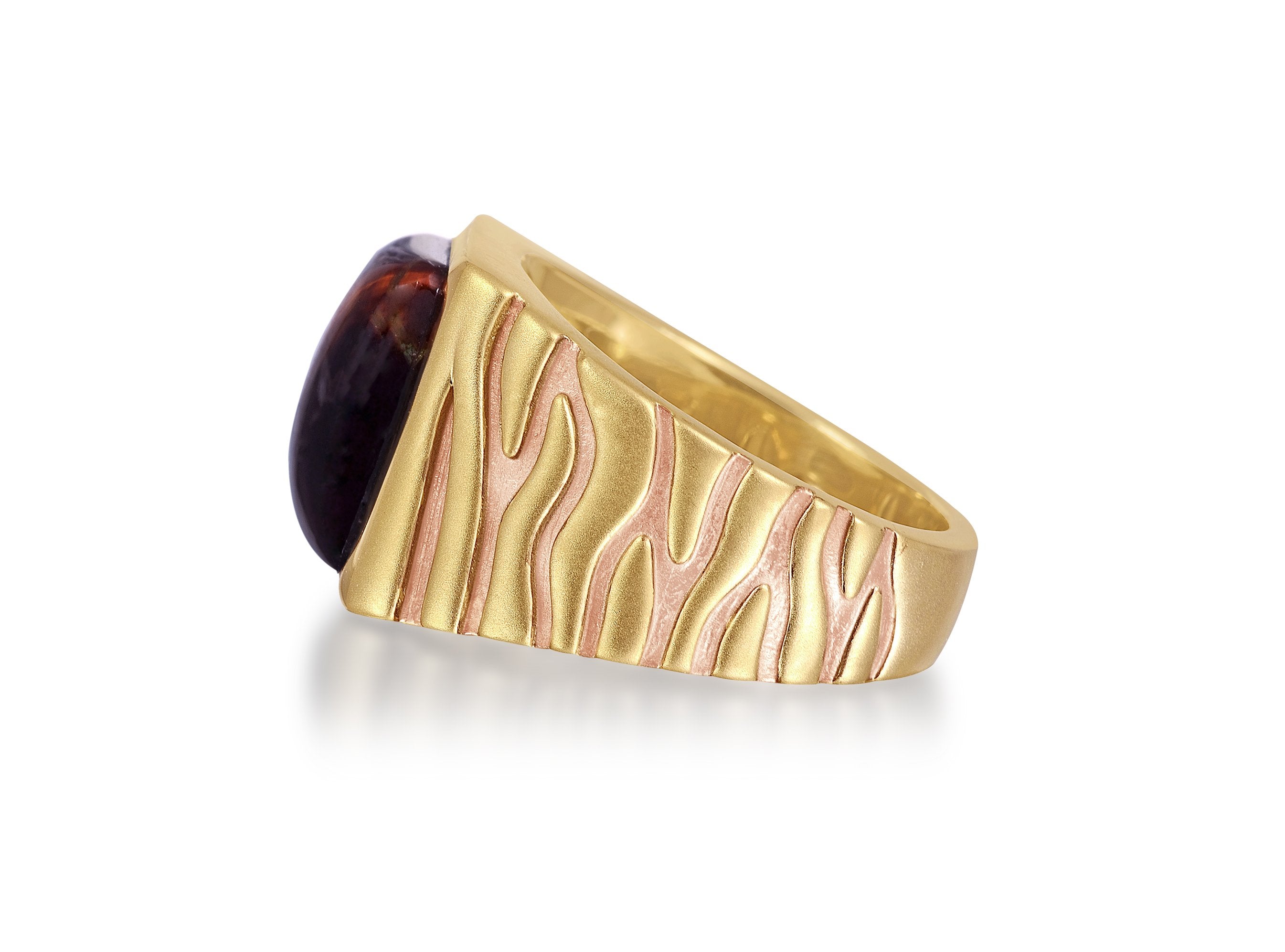 Chatoyant Red Tiger Eye Stone Signet Ring in Brown Rhodium and 14K Yellow Gold, featuring a unique stone and intricate design.