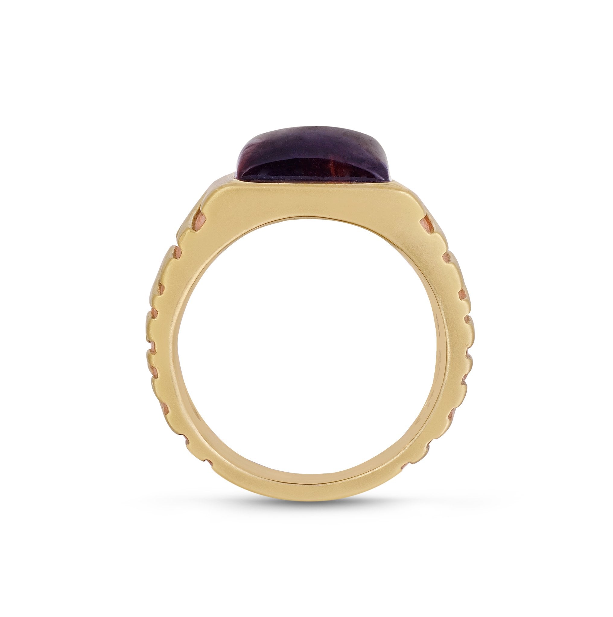 Chatoyant Red Tiger Eye Stone Signet Ring in Brown Rhodium and 14K Yellow Gold, featuring a unique stone and intricate design.