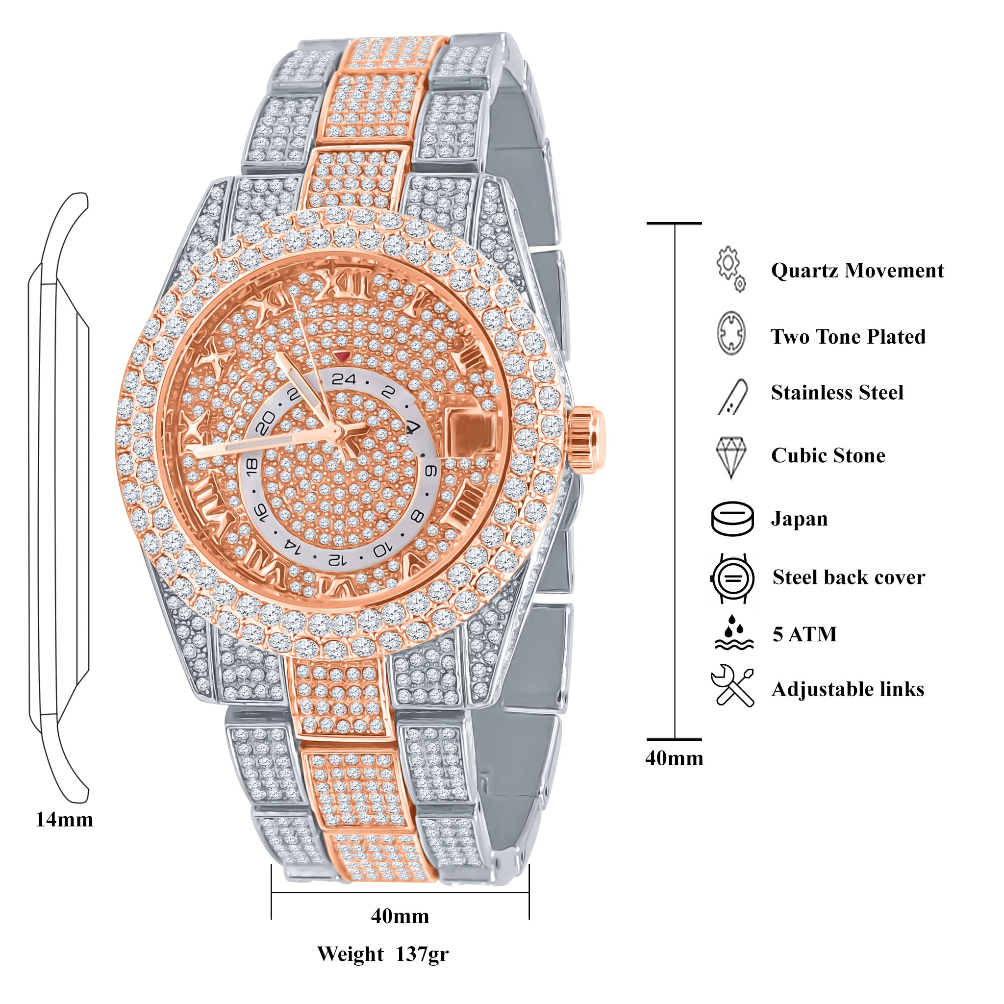 CHAUDES Hip Hop Watch I 5630518 featuring a bling metal design, European crystal bezel, and adjustable links.