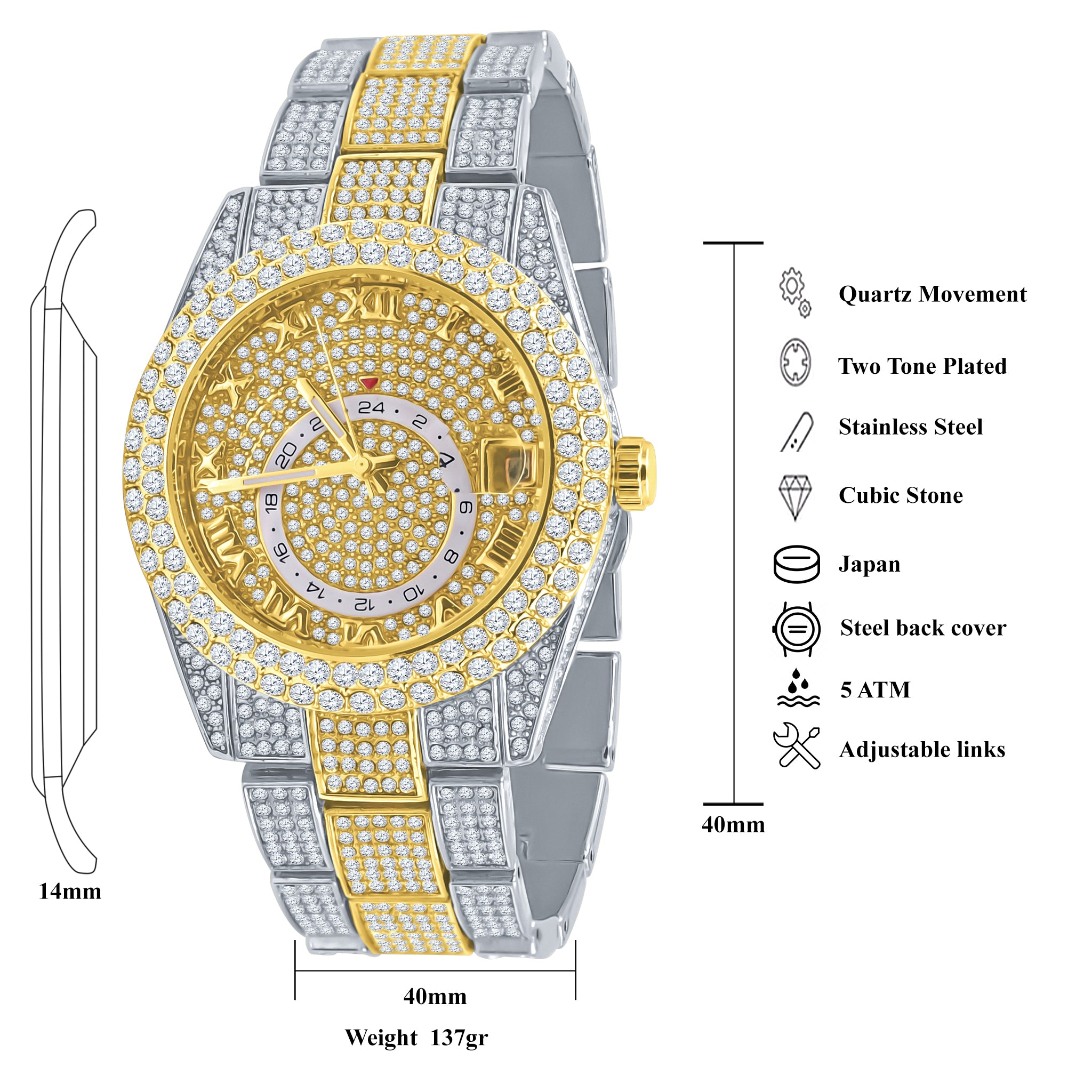 CHAUDES Hip Hop Watch I 5630542 featuring a bling metal design, European crystal bezel, and adjustable links.