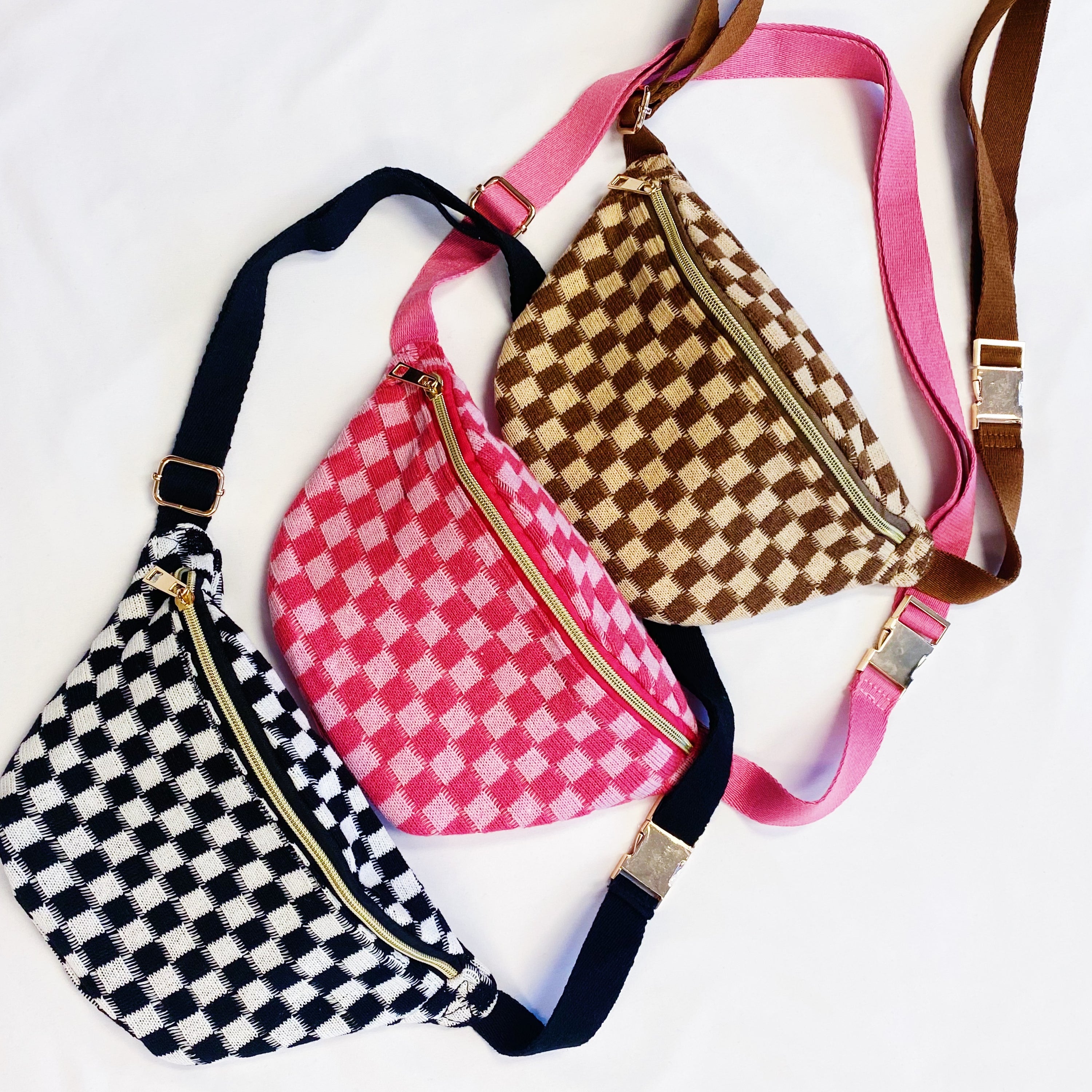 Check Yourself Belt Sling Bag featuring checkered knit material and gold-tone hardware, adjustable strap for comfort.