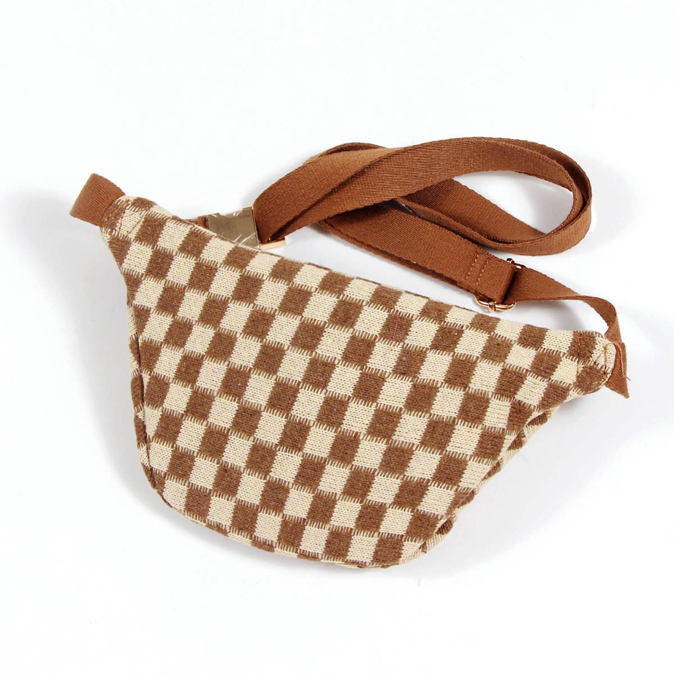 Check Yourself Belt Sling Bag featuring checkered knit material and gold-tone hardware, adjustable strap for comfort.