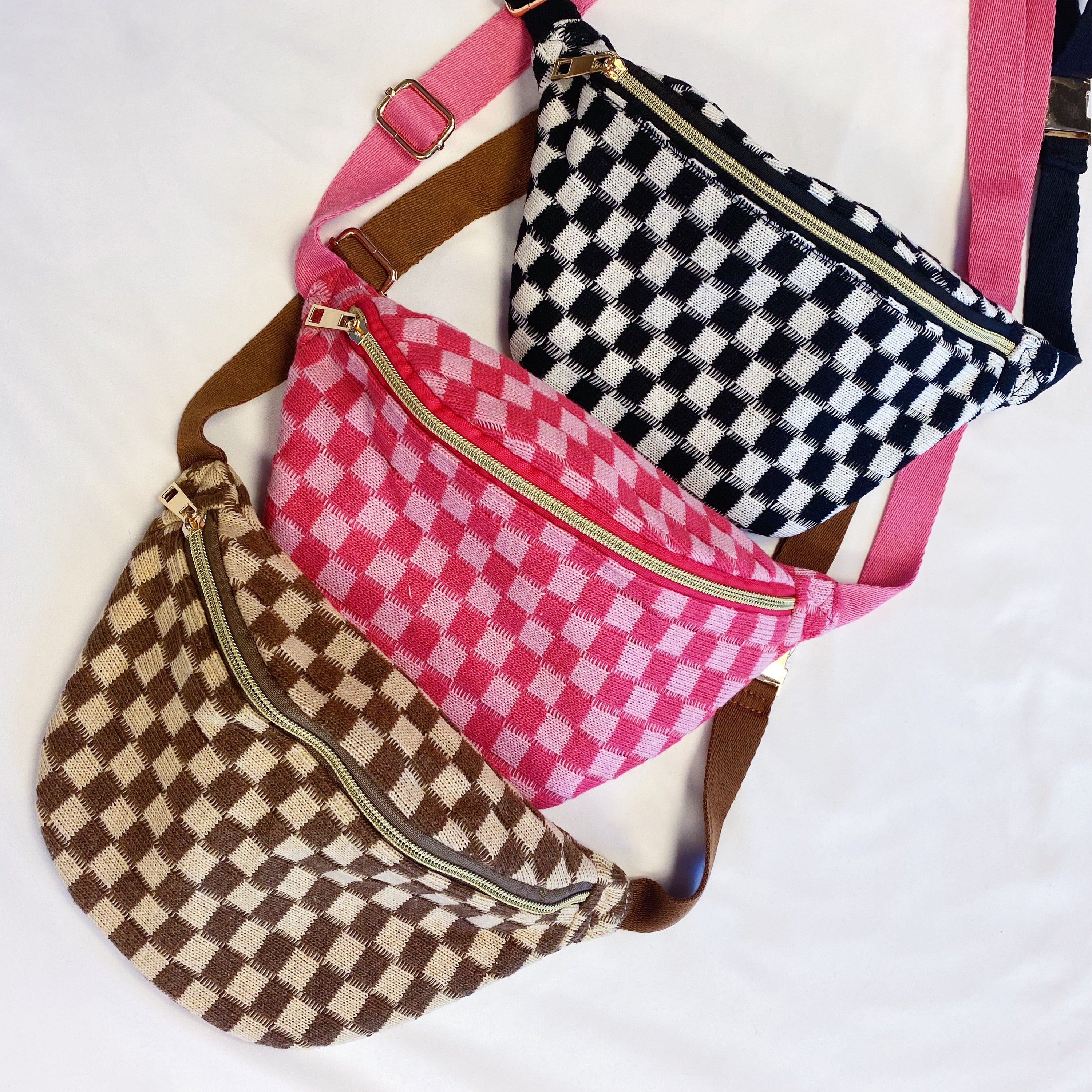 Check Yourself Belt Sling Bag featuring checkered knit material and gold-tone hardware, adjustable strap for comfort.