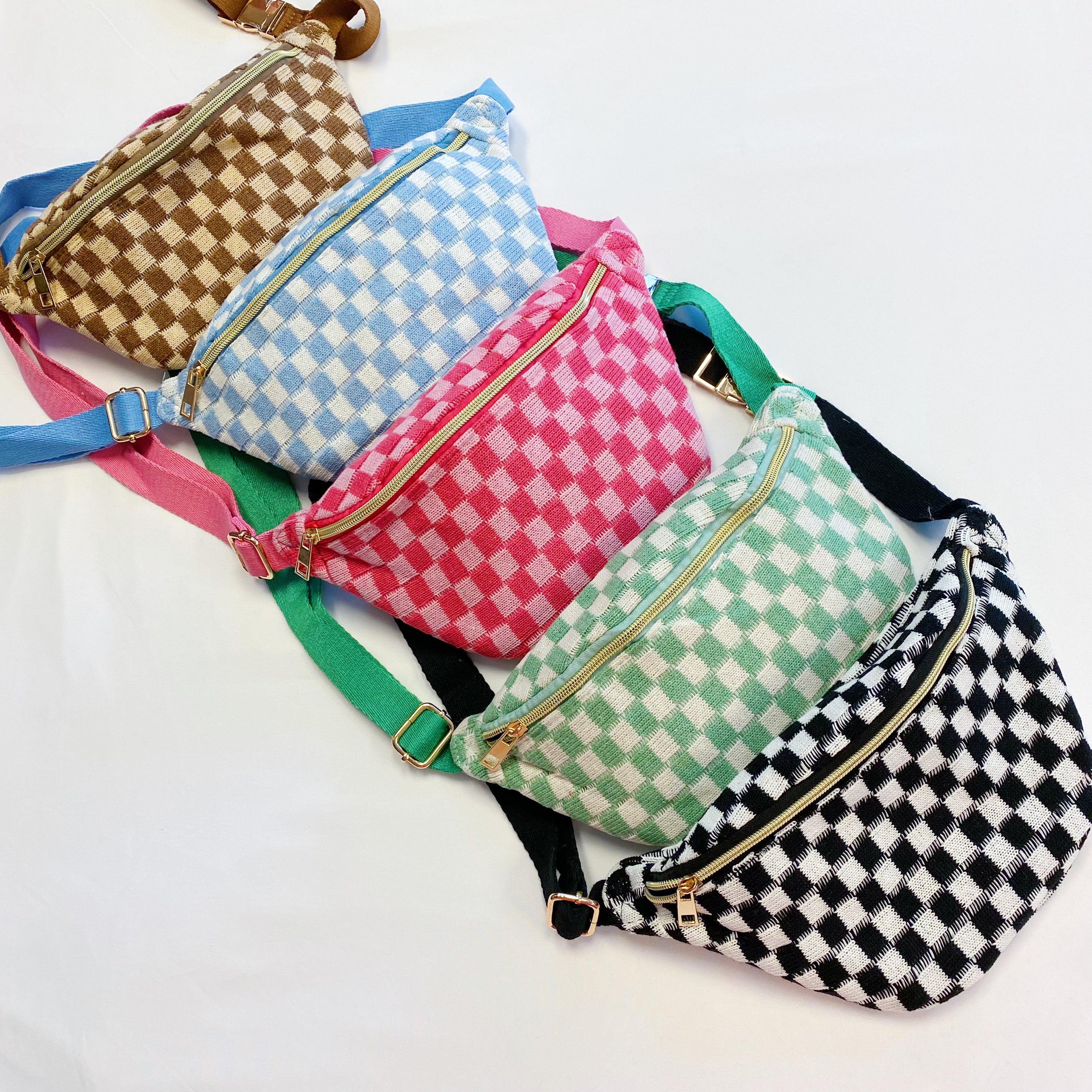 Check Yourself Belt Sling Bag featuring checkered knit material and gold-tone hardware, adjustable strap for comfort.